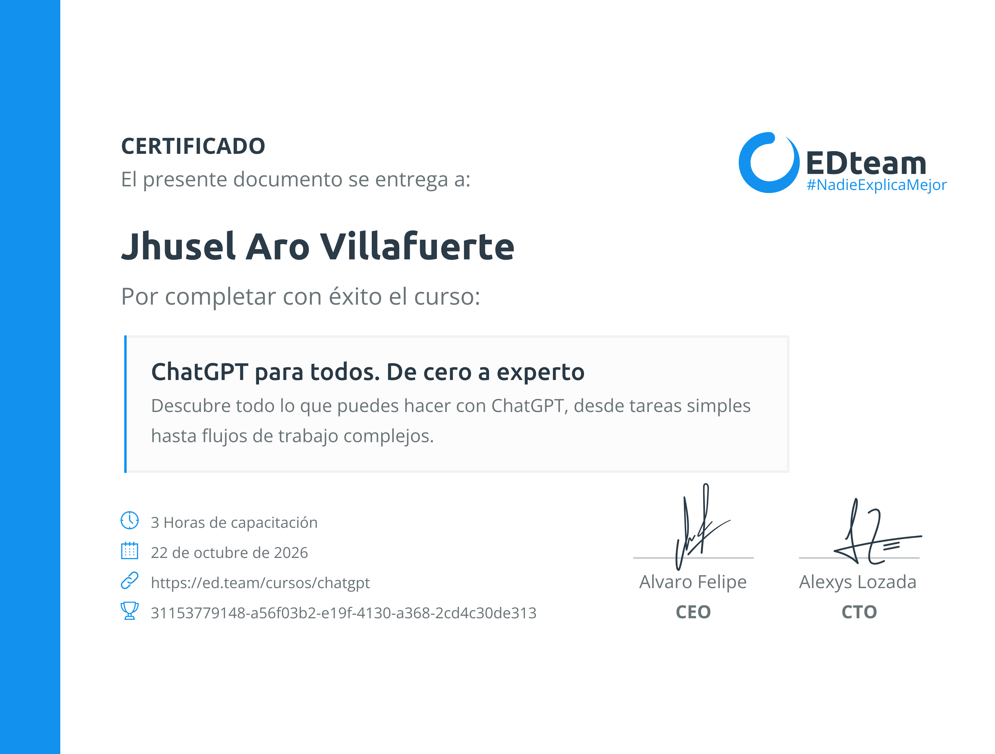 Certificado de Jhusel Aro Villafuerte del curso ChatGPT para todos. De cero a experto
