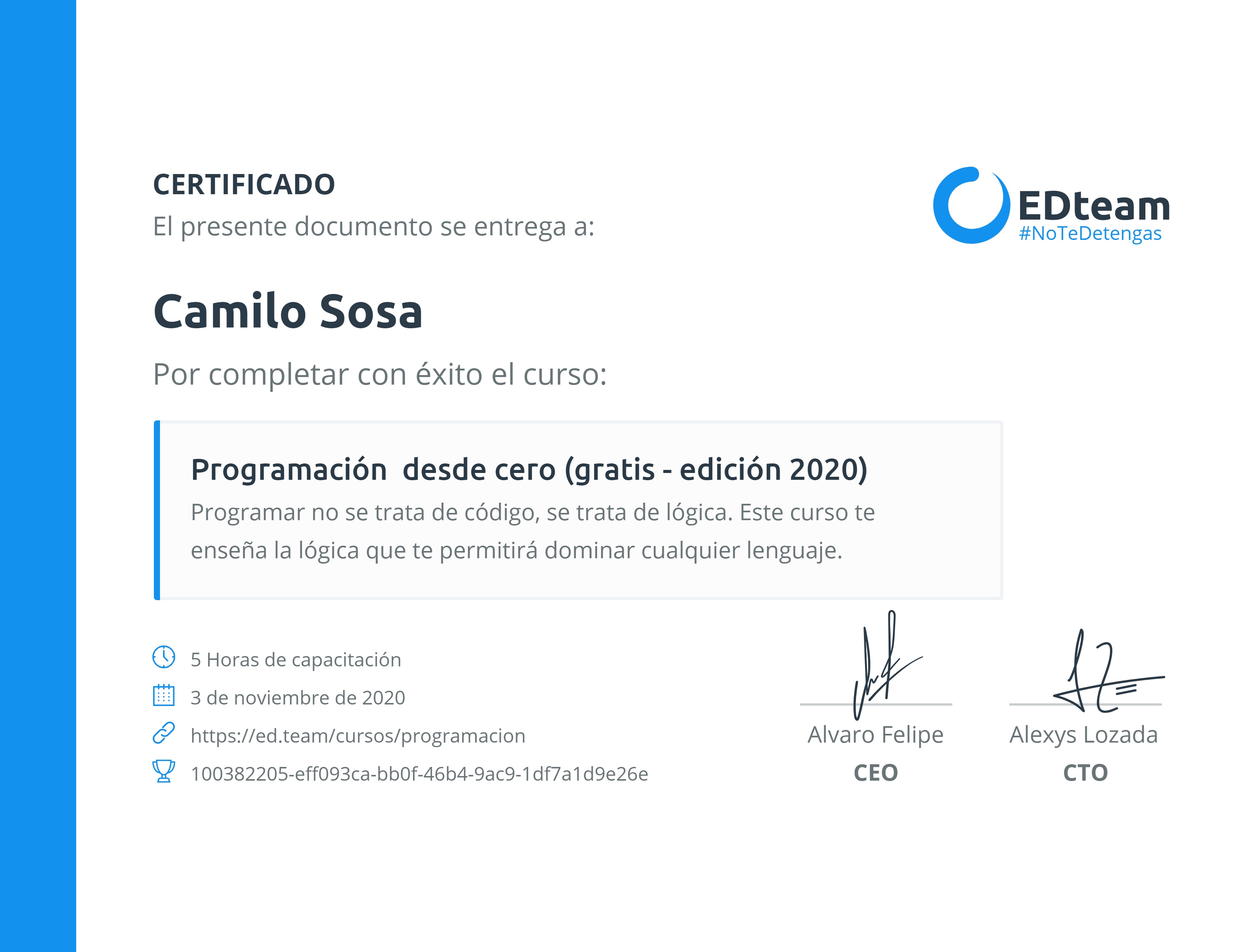 Certificado de Camilo Sosa del curso Programación desde cero (2019)