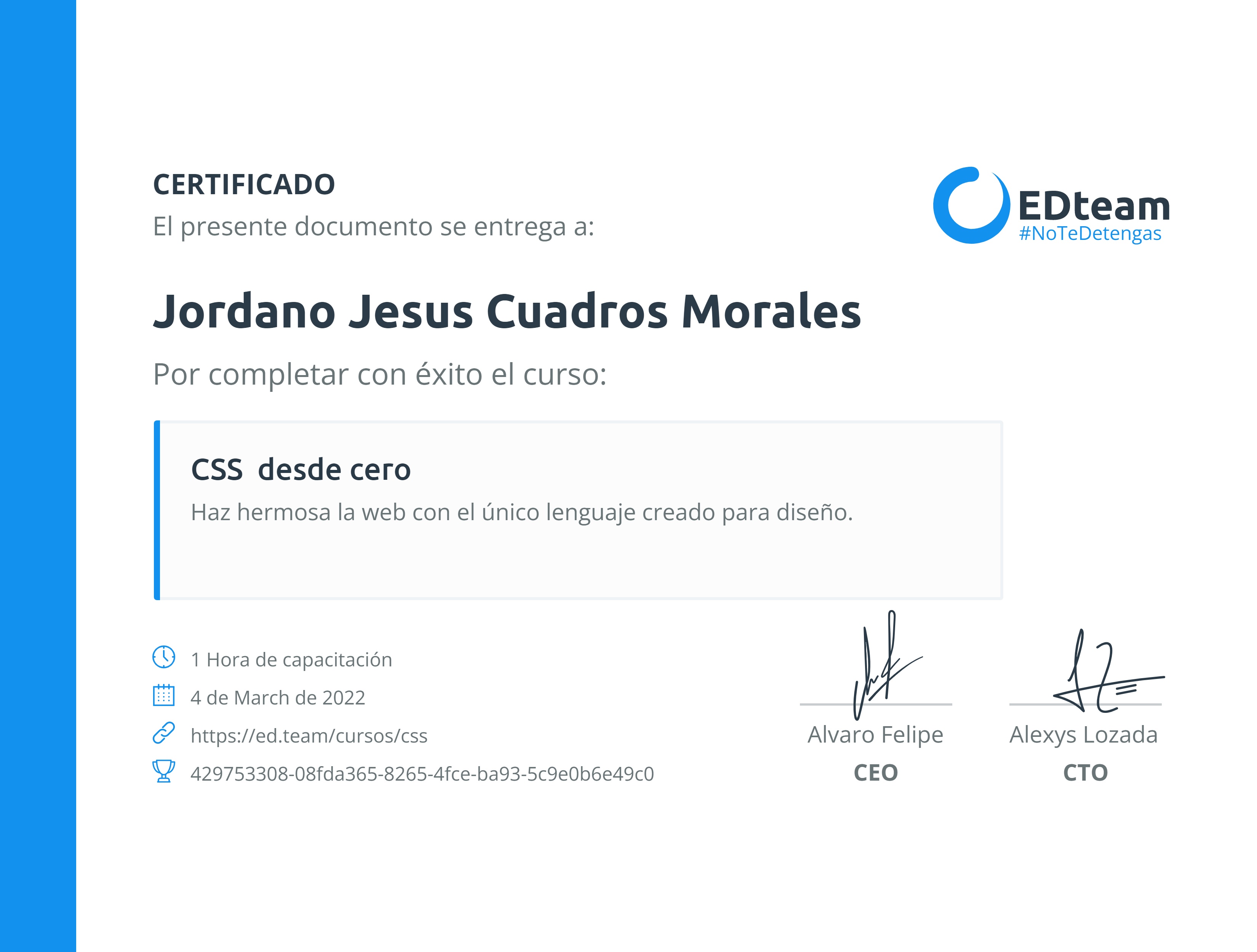 Certificado de Jordano Jesus Cuadros Morales del curso CSS desde cero (2020)