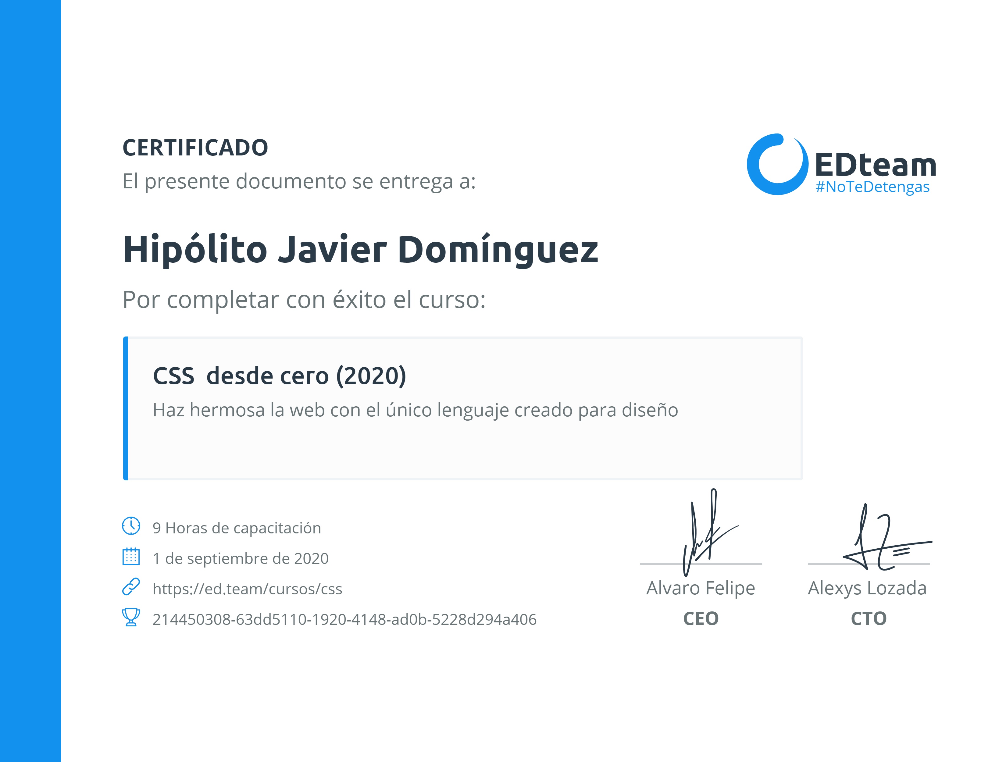 Certificado de Hipólito Javier Domínguez del curso CSS desde cero (2020)