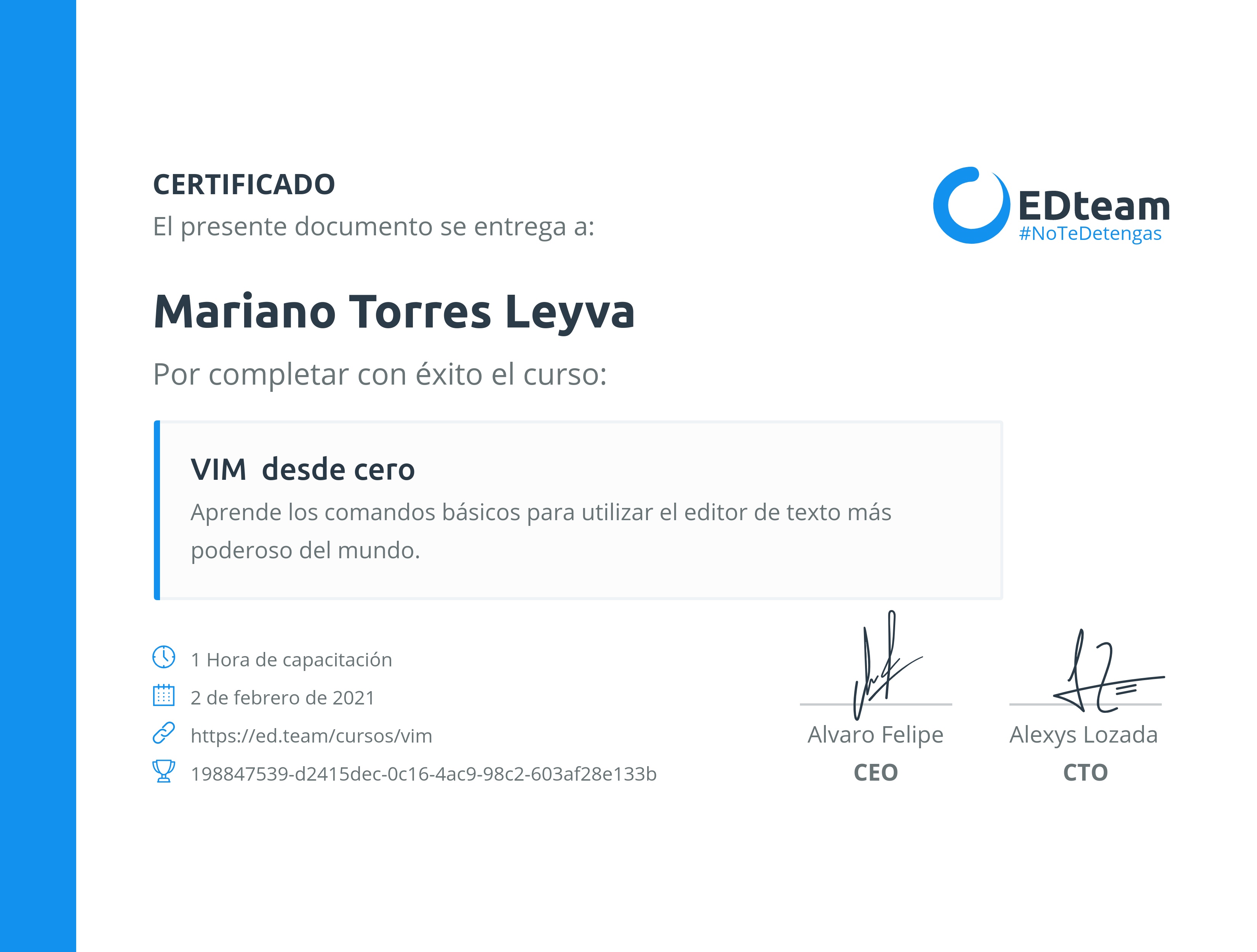 Certificado de Ytalo Mariano Torres Leyva del curso VIM desde cero (Gratis)