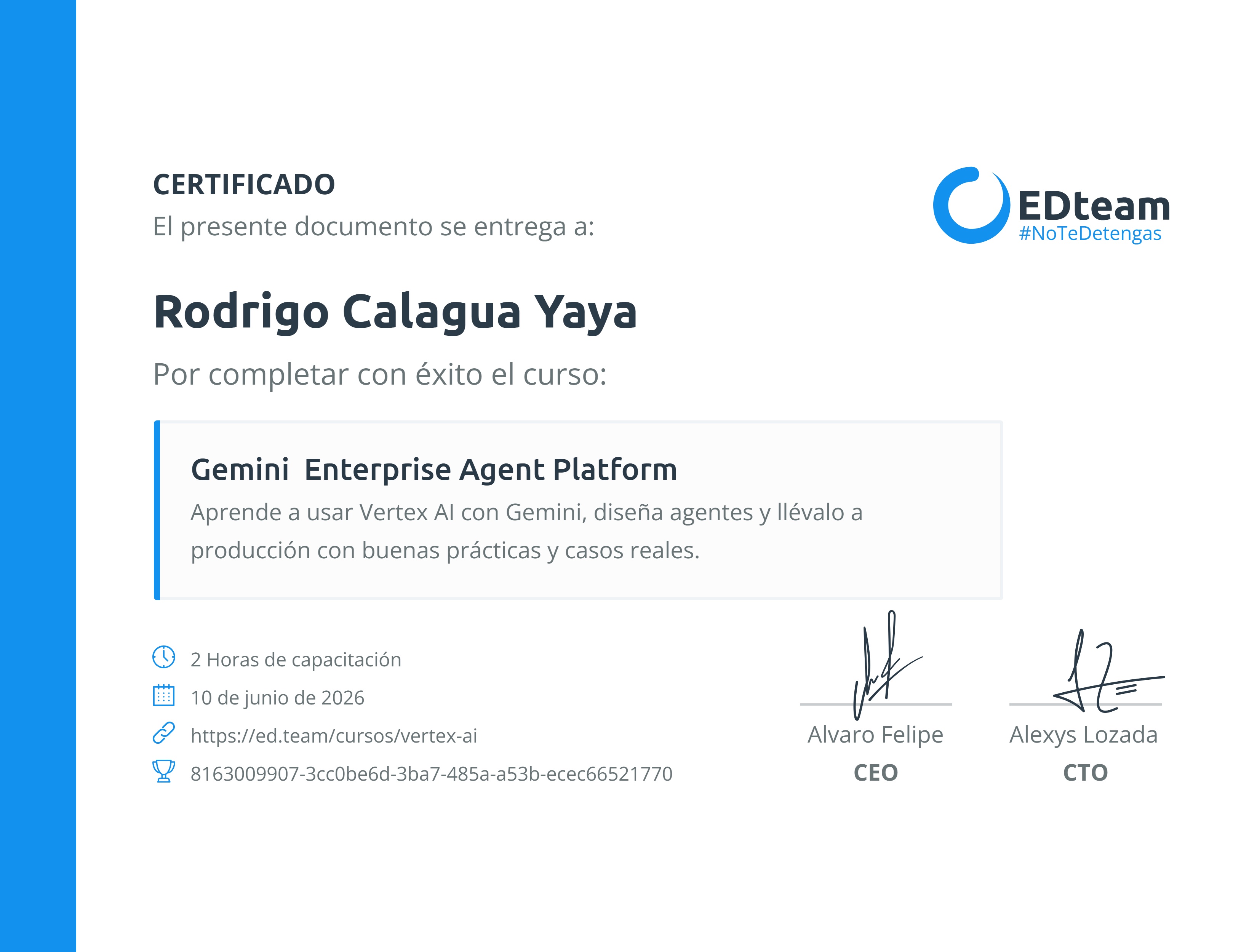Certificado de Rodrigo Calagua Yaya del curso Gemini Enterprise Agent Platform