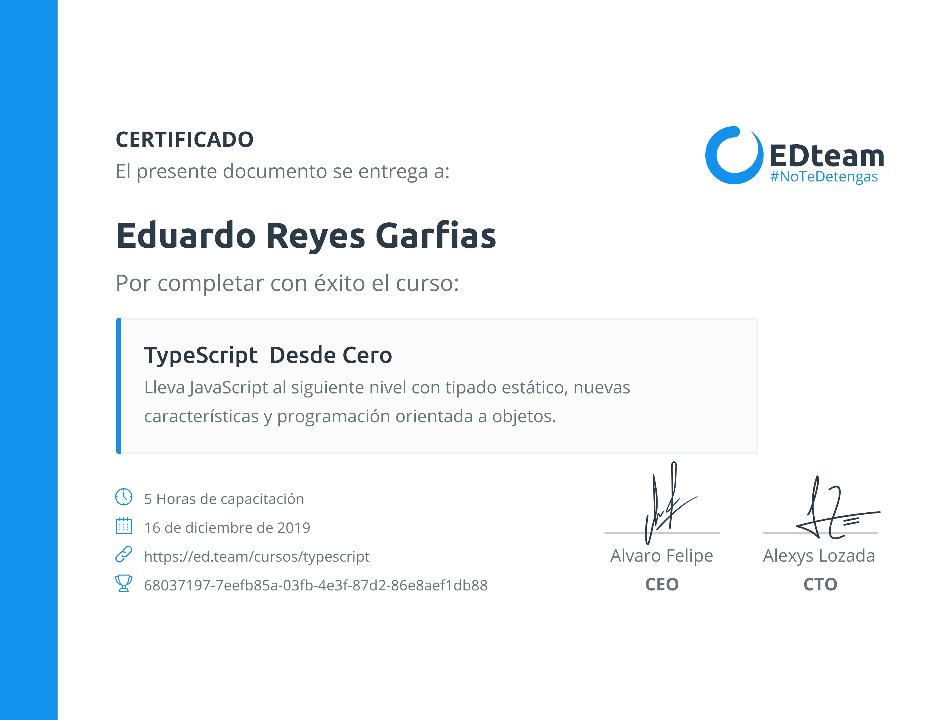 Certificado de Eduardo Reyes Garfias del curso TypeScript Desde Cero