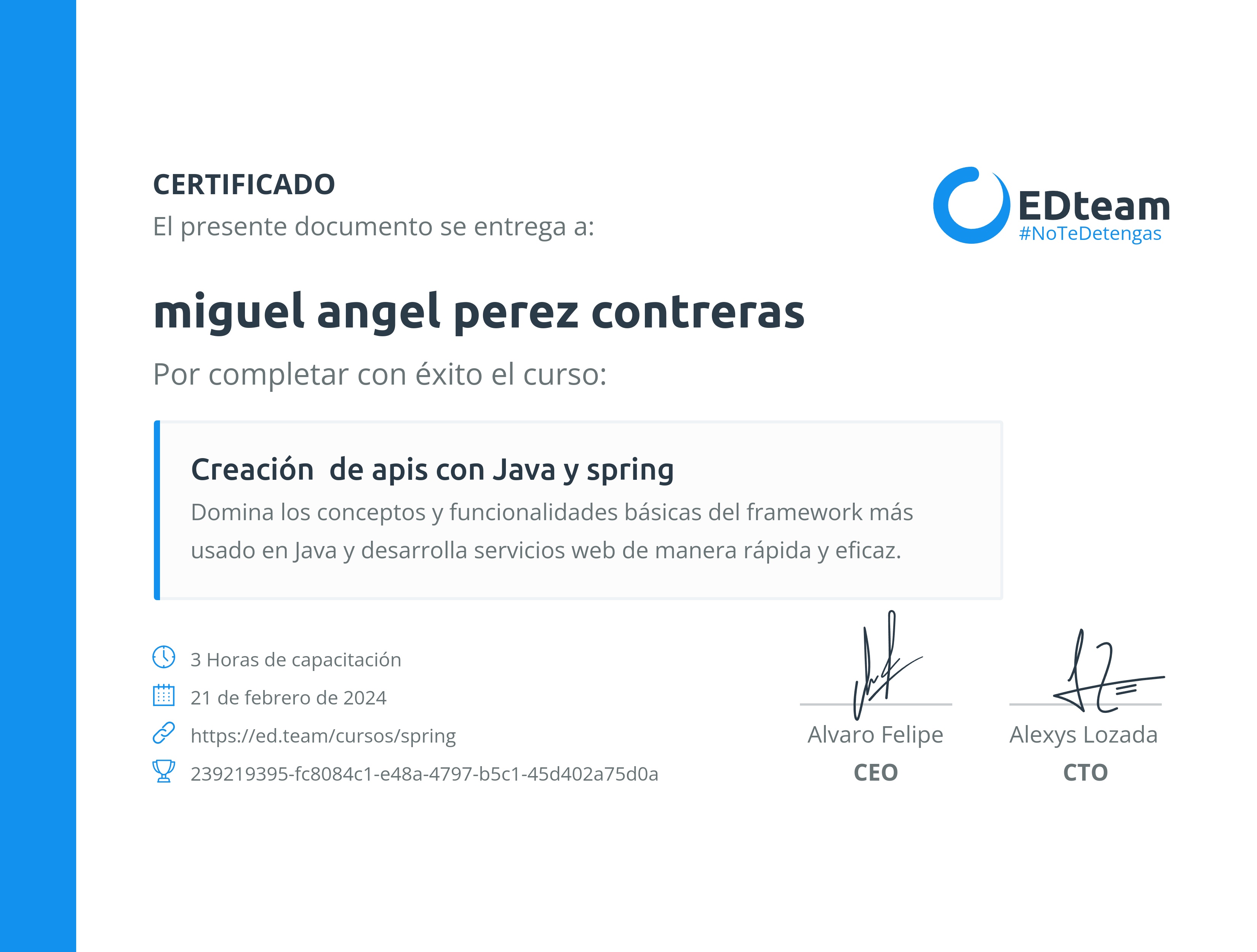Certificado de miguel angel perez contreras del curso Creación de apis con Java y spring
