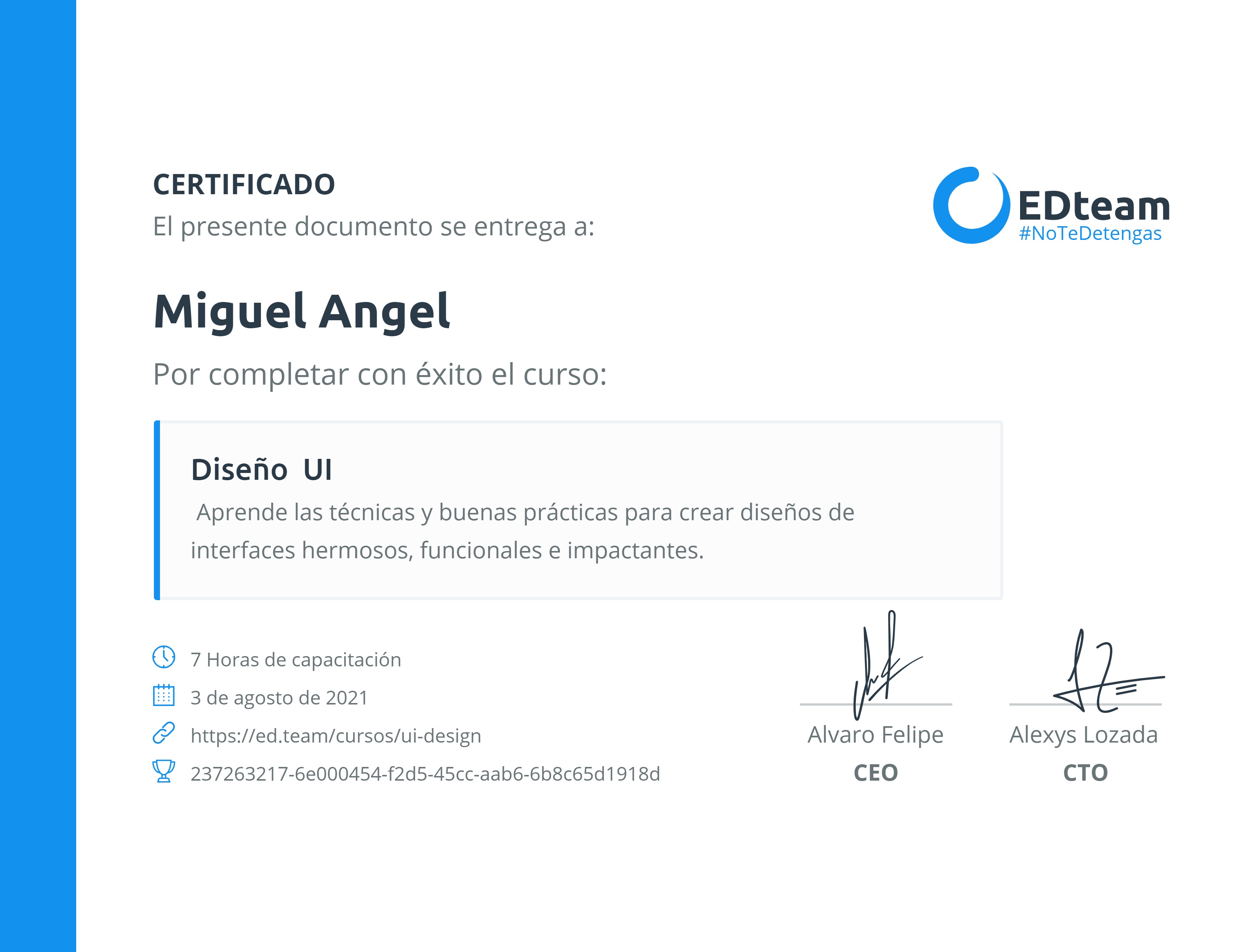 Certificado de Miguel Garcia del curso Diseño UI