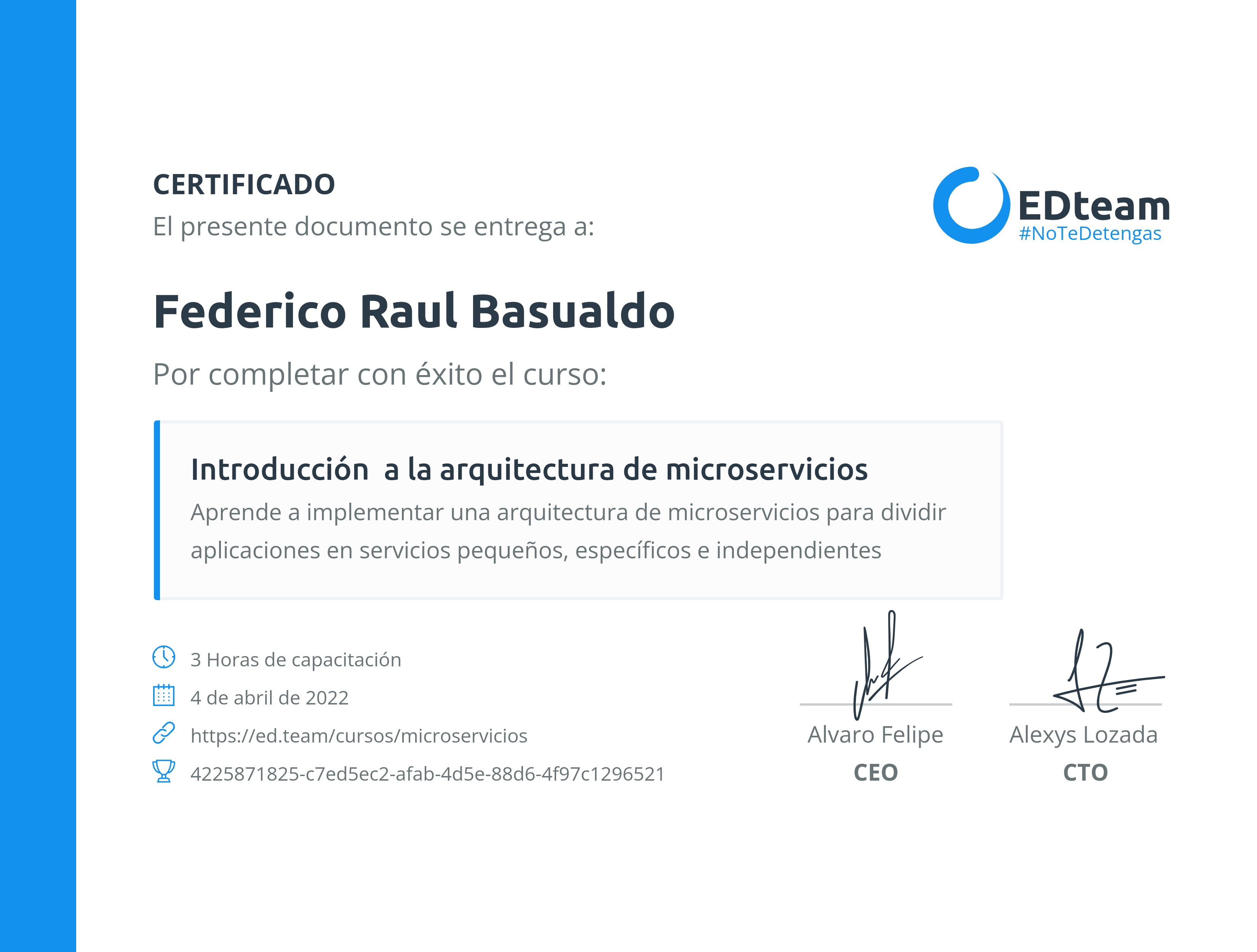 Certificado de Federico Raul Basualdo del curso Introducción a la arquitectura de microservicios