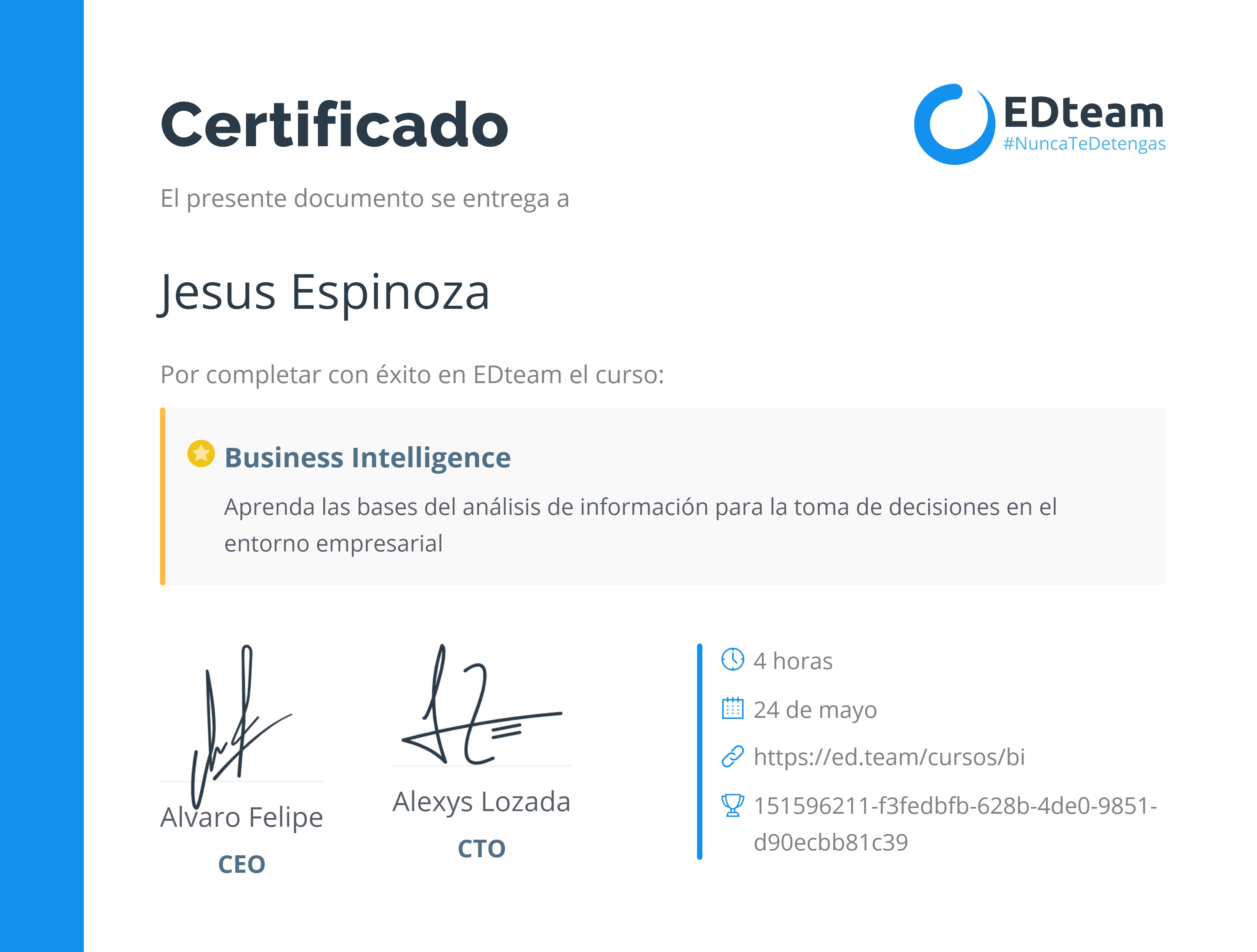 Certificado de Jesus Espinoza del curso Business Intelligence