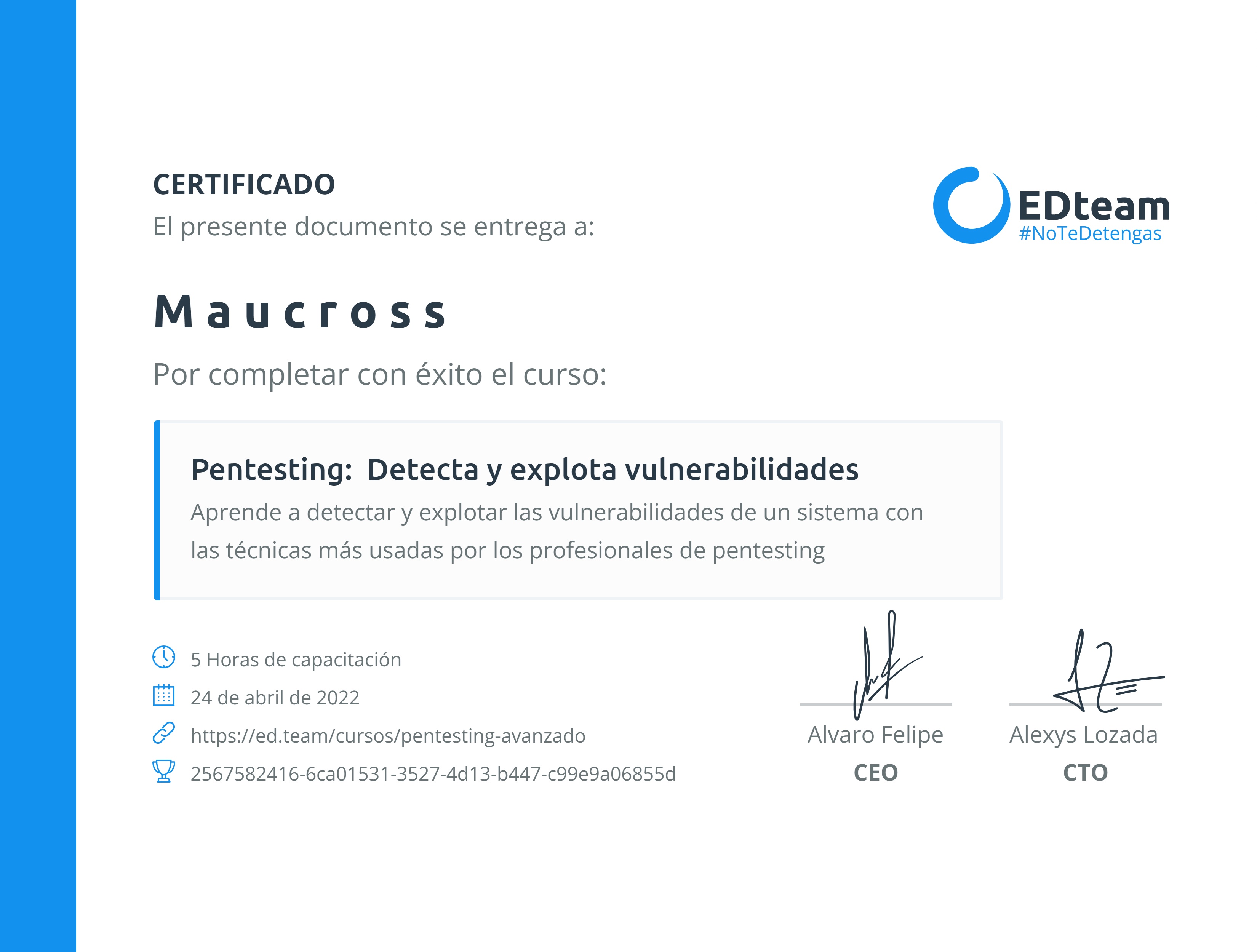 Certificado de Mauricio Arizaca del curso Pentesting: Detecta y explota vulnerabilidades