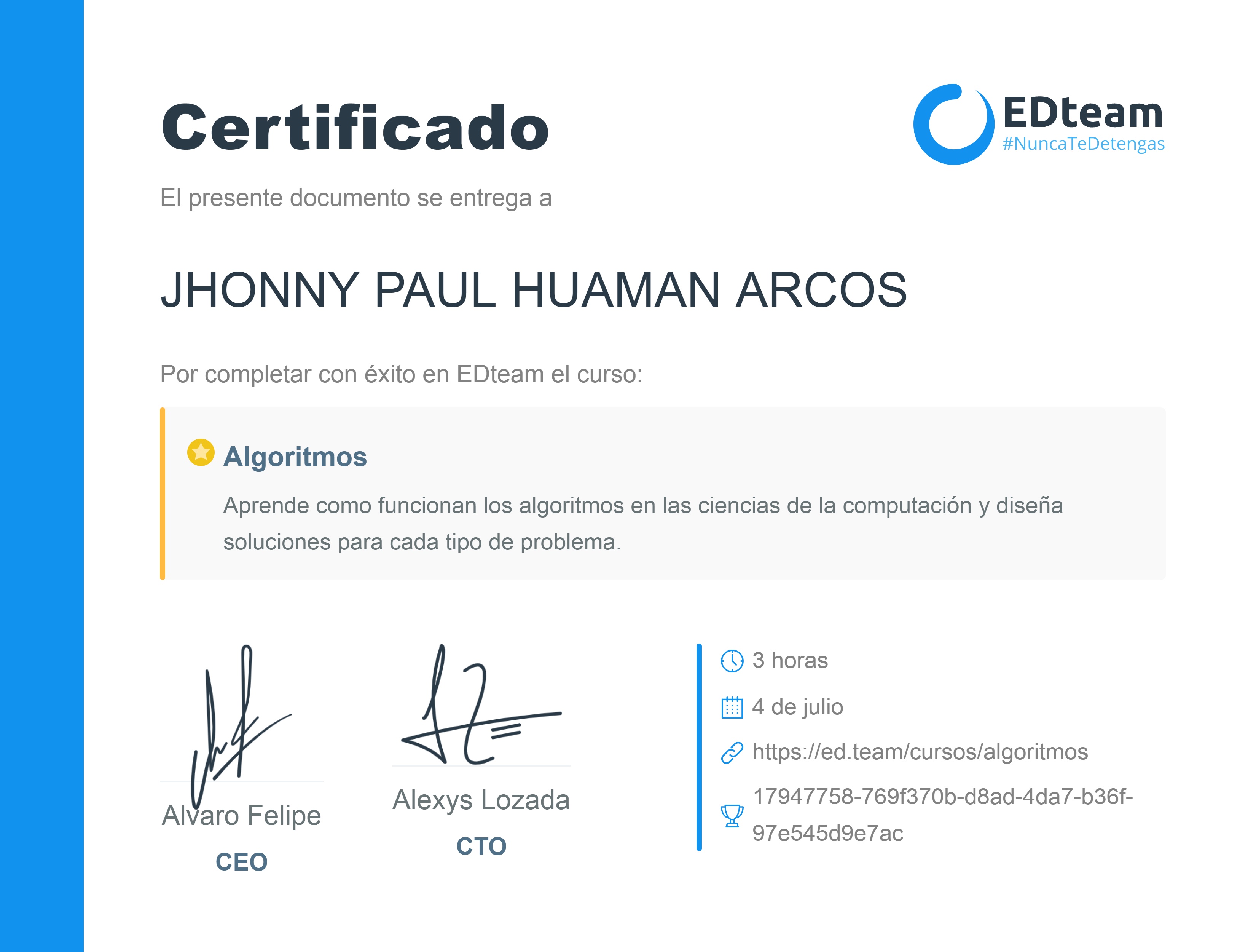 Certificado de JHONNY PAUL HUAMAN ARCOS del curso Algoritmos (2018)