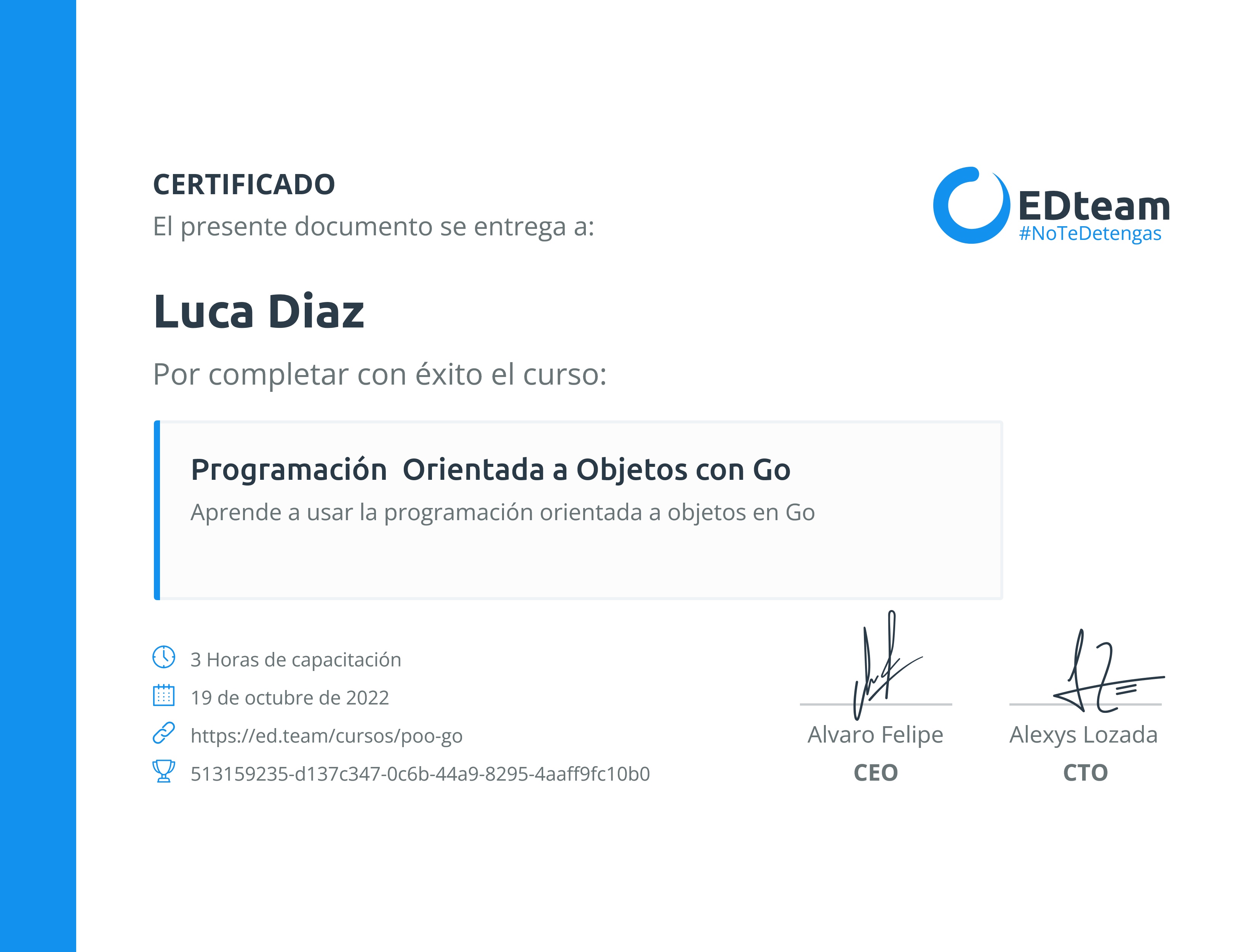 Certificado de Luca Diaz del curso Programación Orientada a Objetos con Go