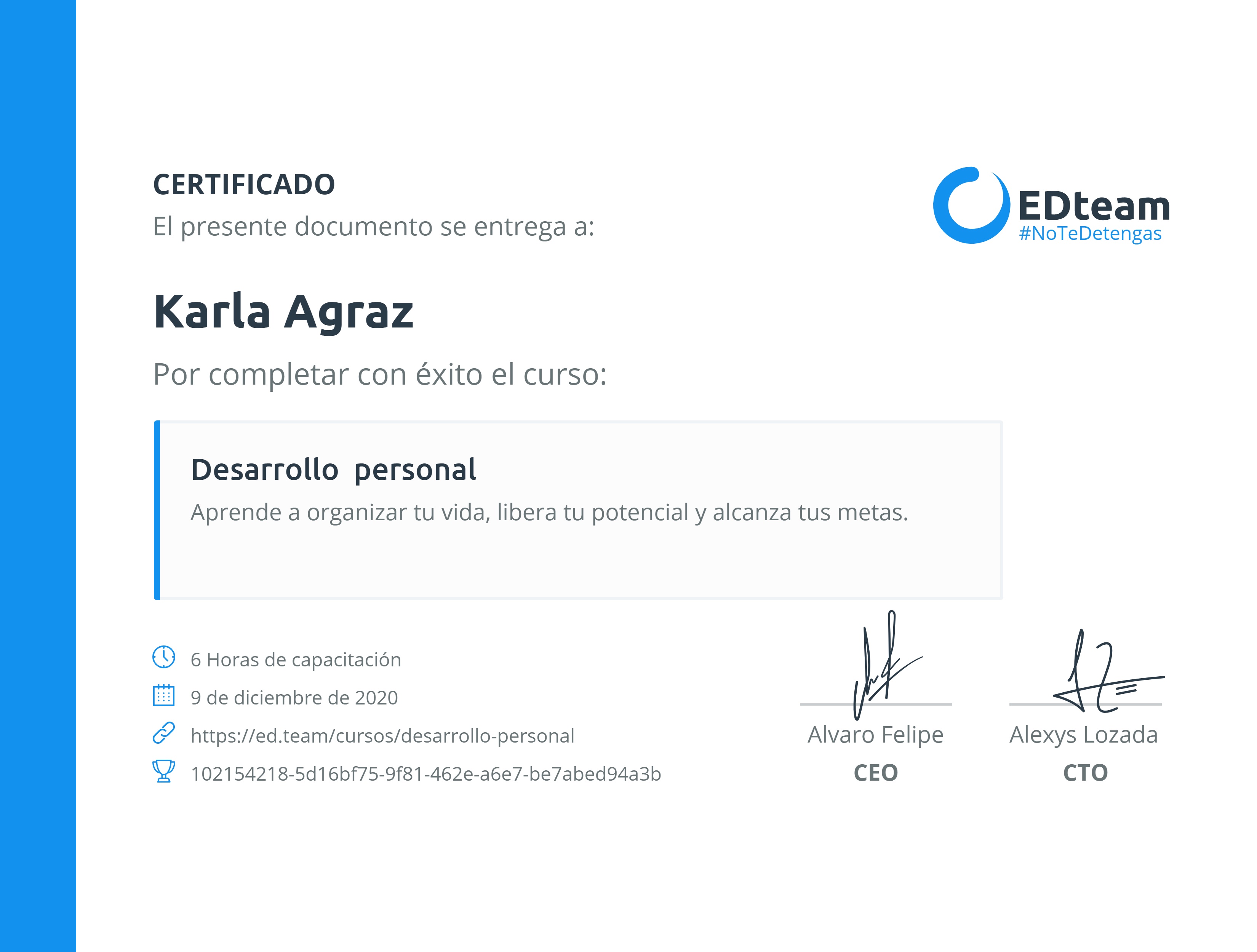 Certificado de Karla Agraz del curso Desarrollo personal