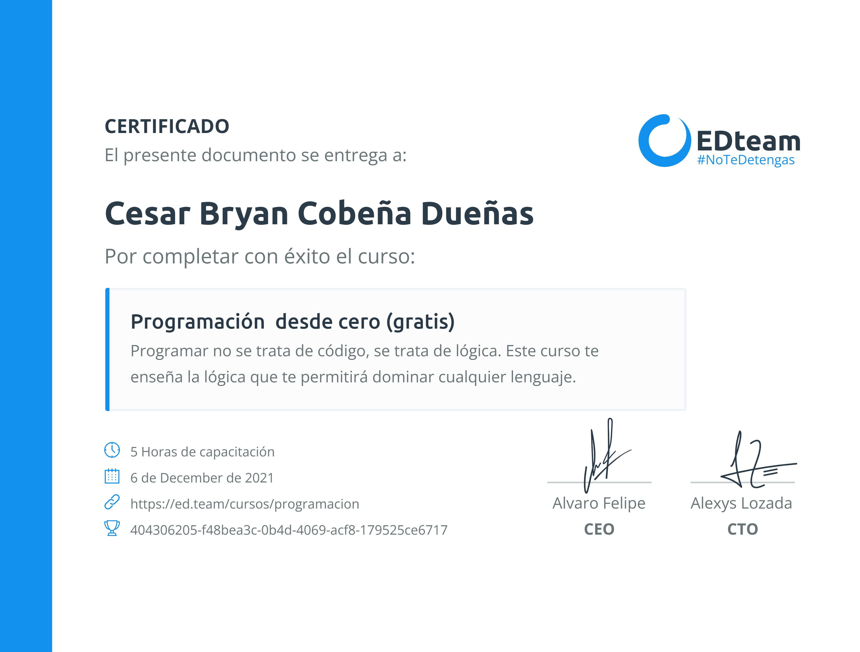 Certificado de Cesar Bryan Cobeña Dueñas del curso Programación desde cero (2019)