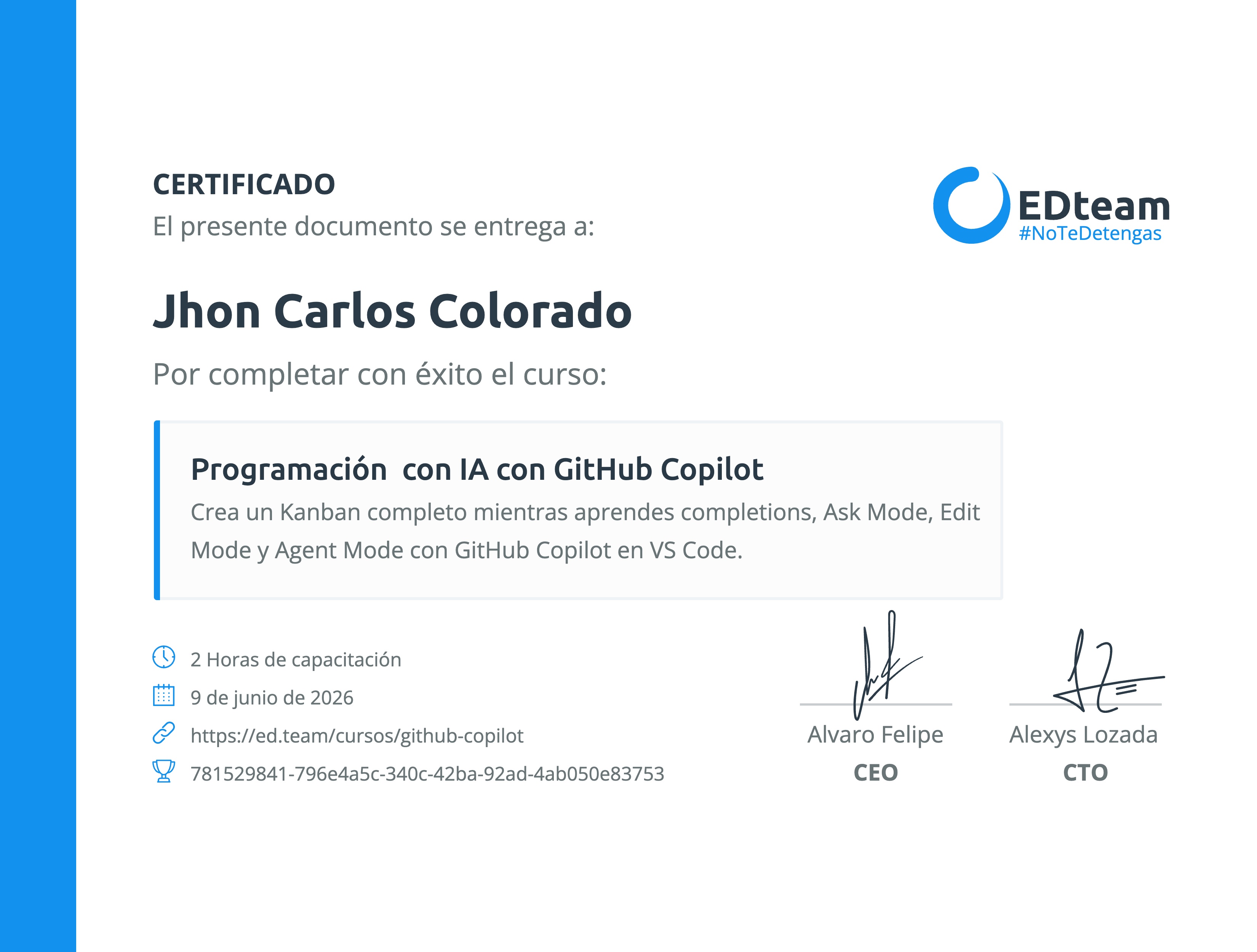 Certificado de Jhon Carlos Colorado del curso Programación con IA con GitHub Copilot
