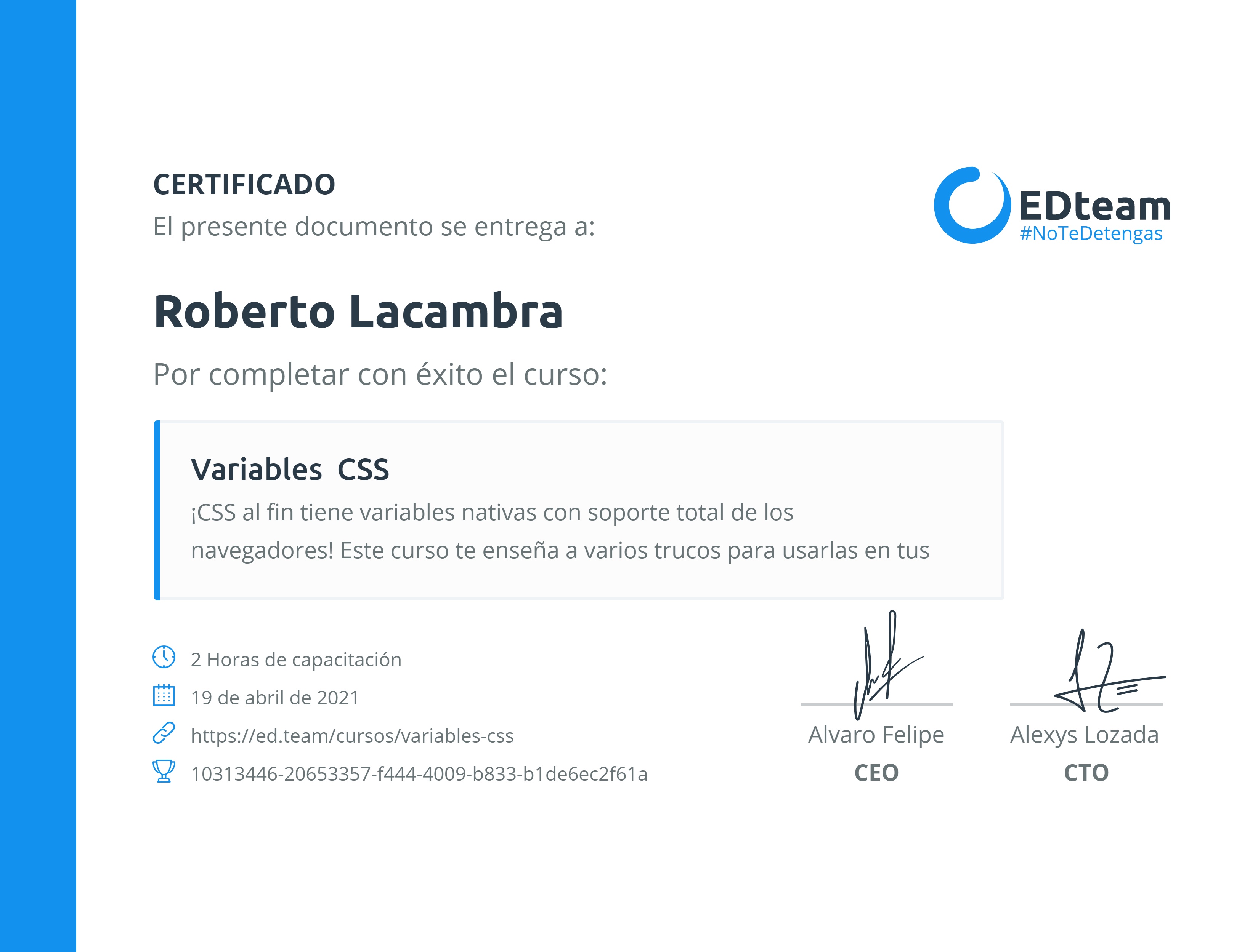 Certificado de Roberto Lacambra del curso Variables CSS