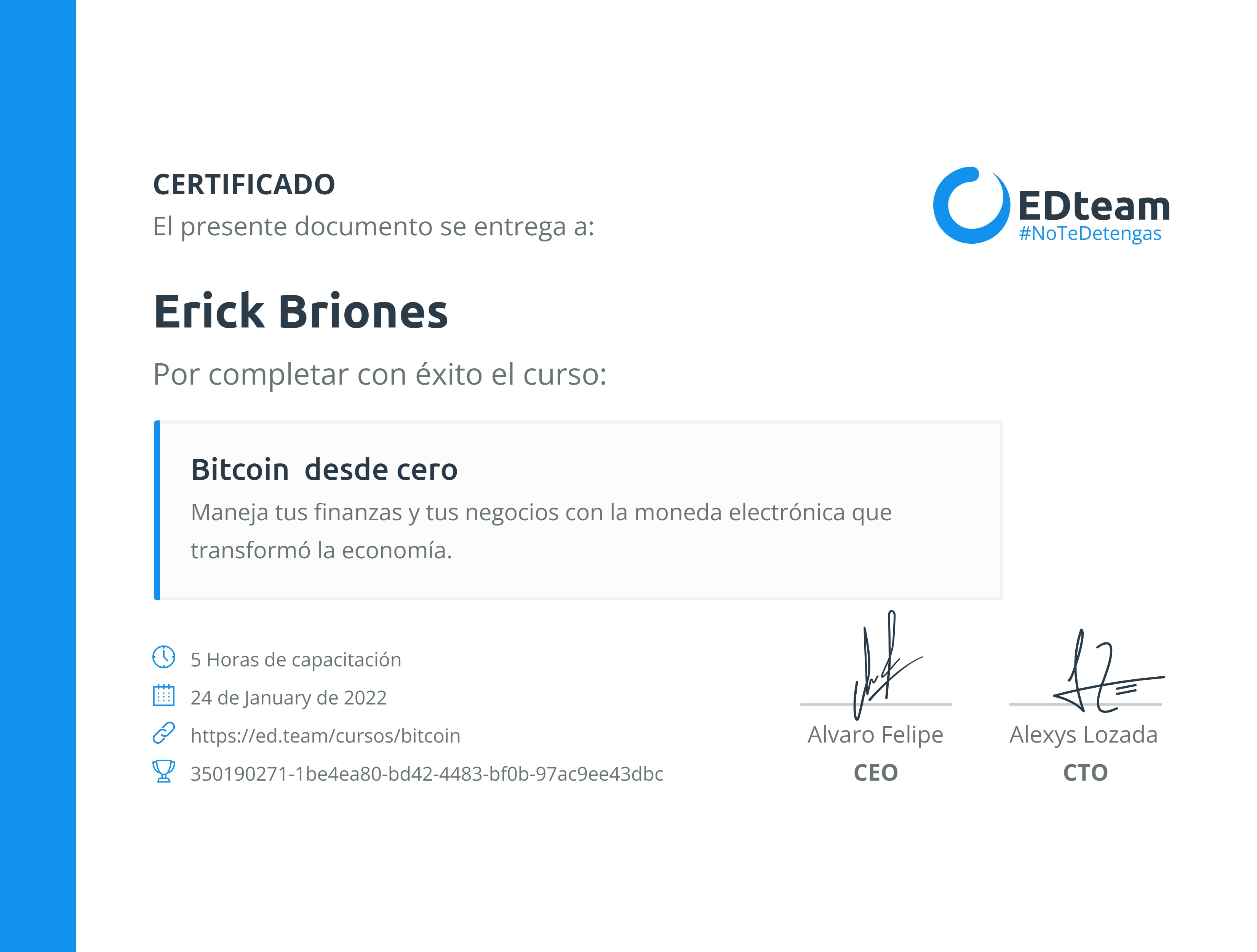 Certificado de Erick Briones del curso Bitcoin desde cero | EDteam
