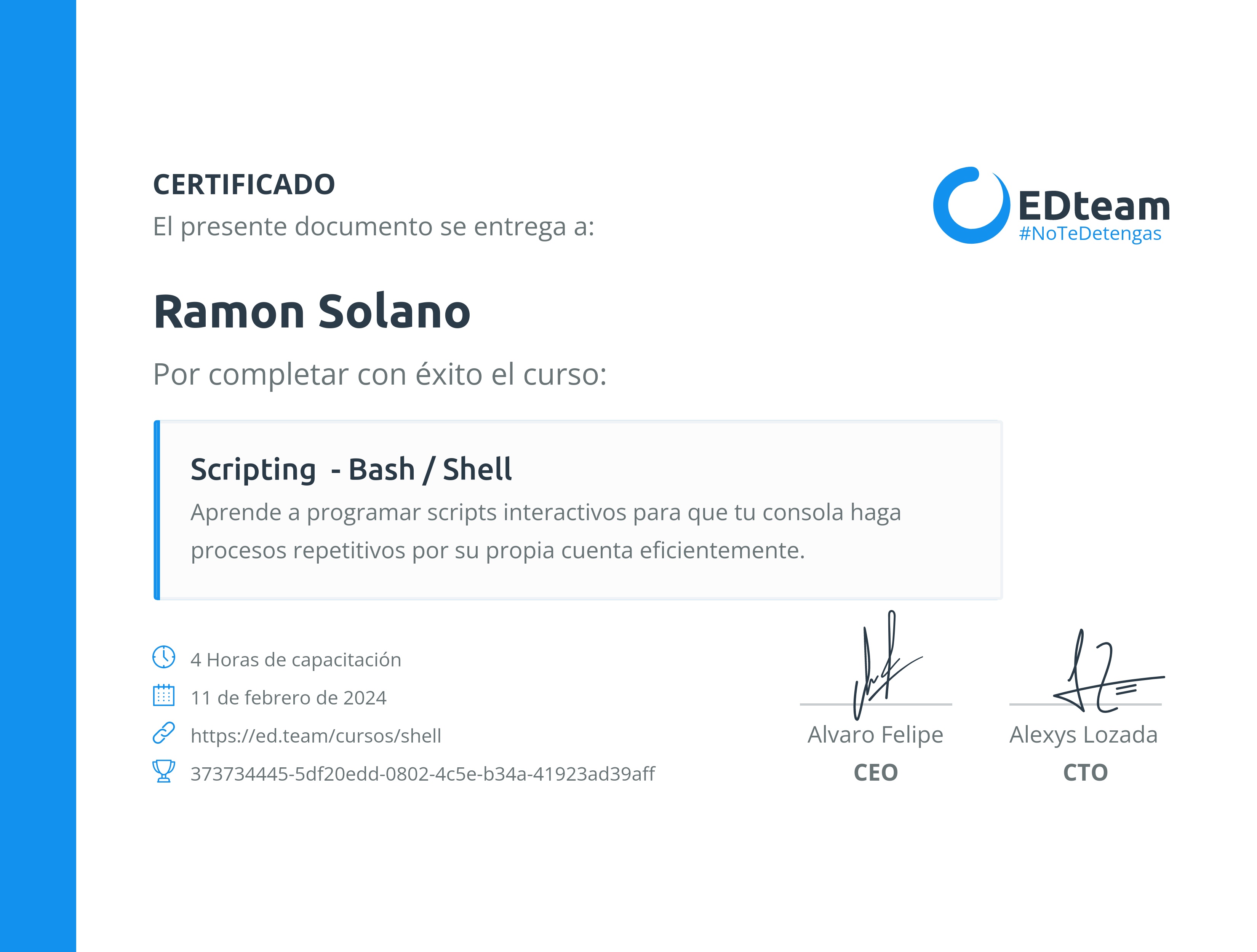Certificado de Ramon Antonio Solano Mateo del curso Scripting - Bash /  Shell | EDteam