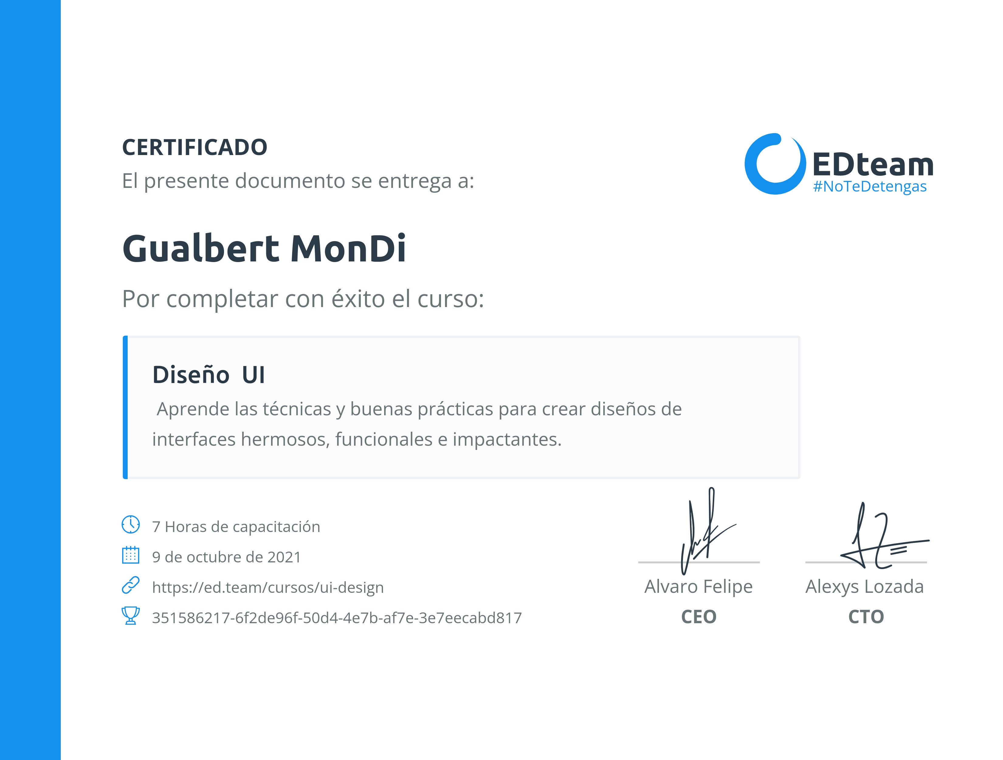Certificado de Gualbert MonDi del curso Diseño UI