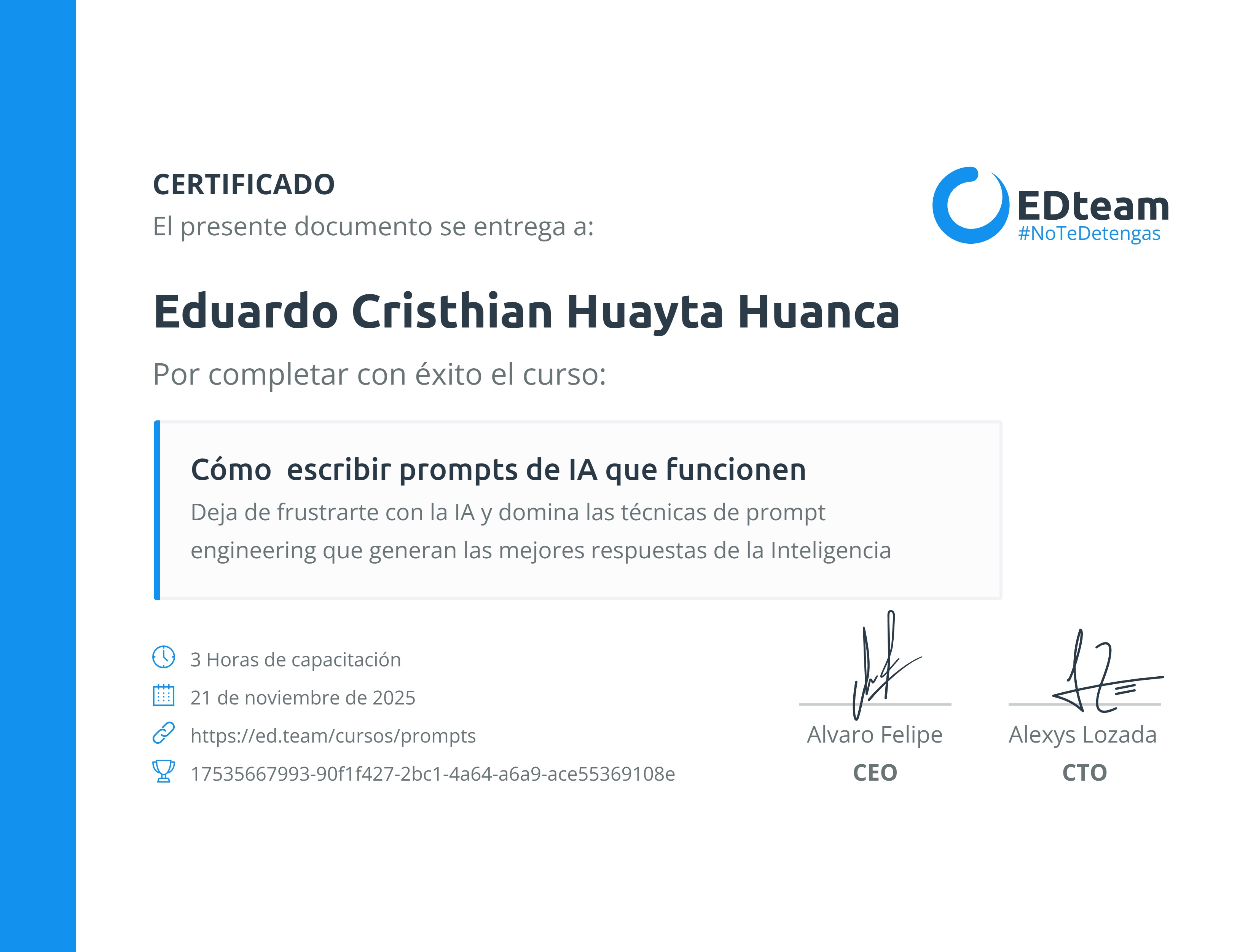 Certificado de Eduardo Cristhian Huayta Huanca del curso Ingeniería de prompts para todos