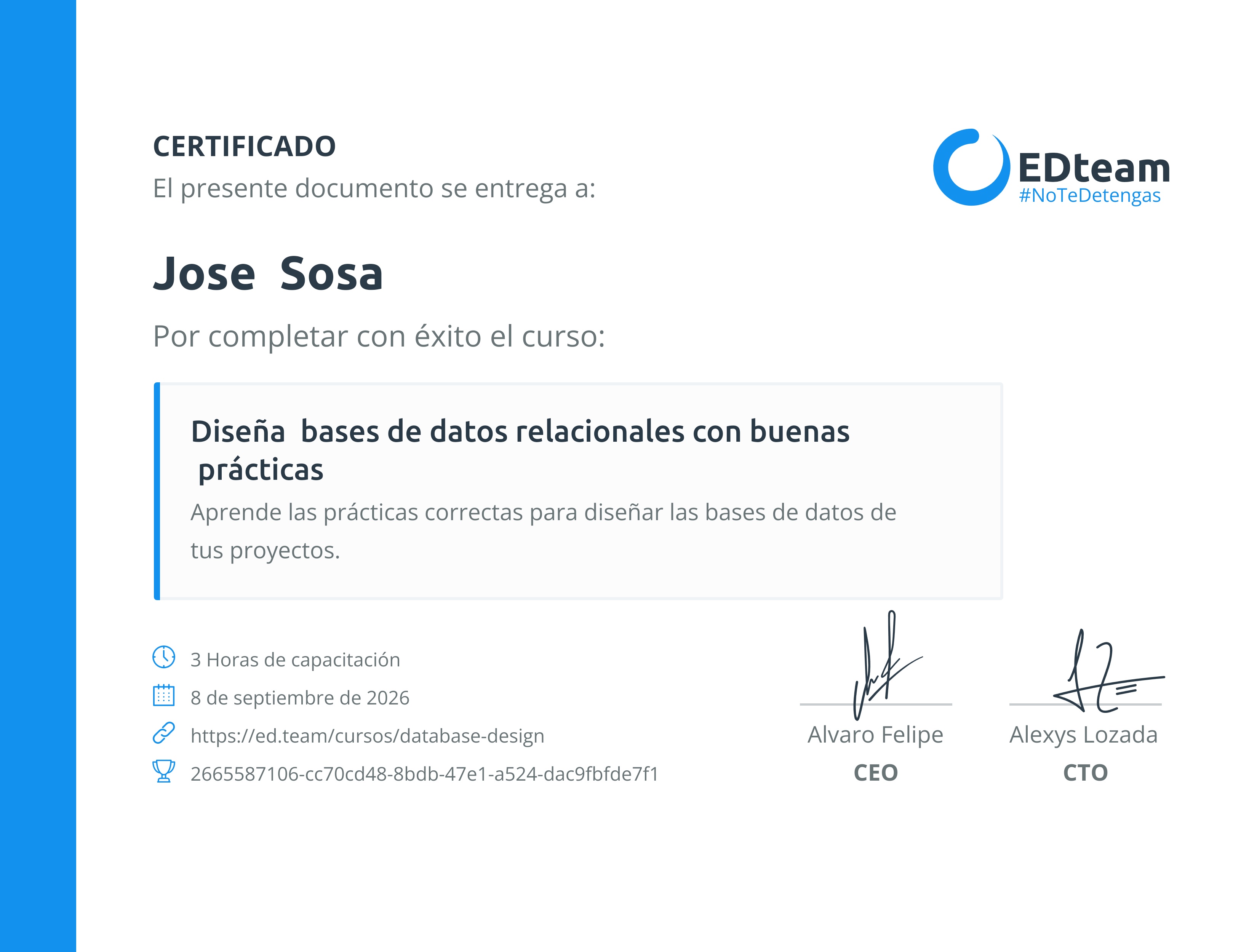 Certificado de Jose Angel Sosa del curso Diseña bases de datos relacionales con buenas prácticas