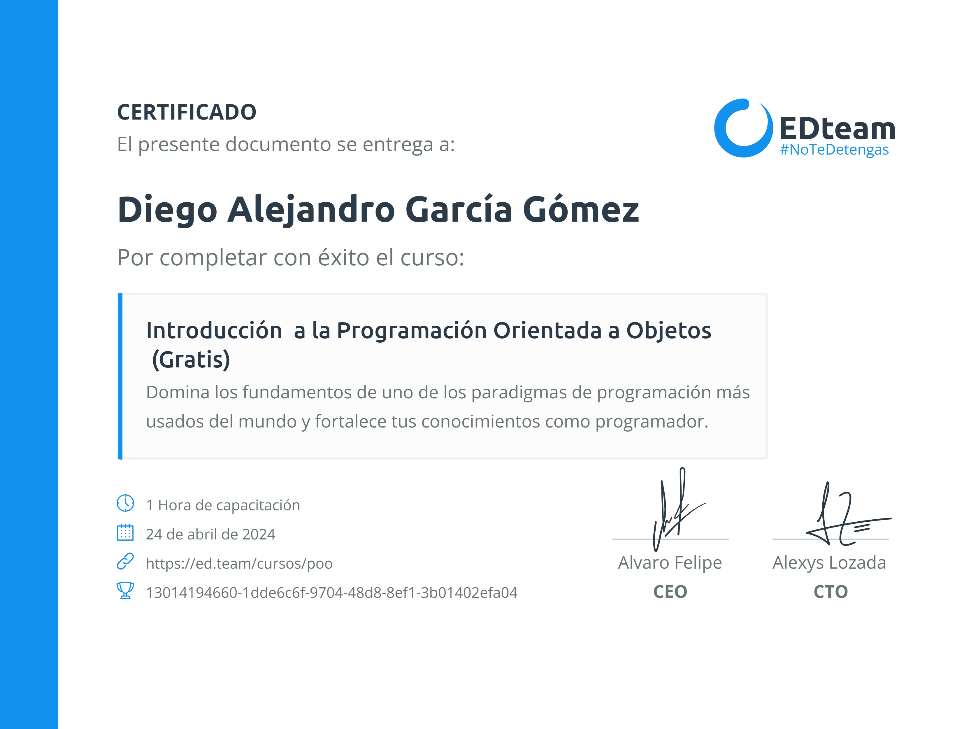Certificado de Diego Alejandro García Gómez del curso Introducción a la Programación Orientada a Objetos (Gratis)