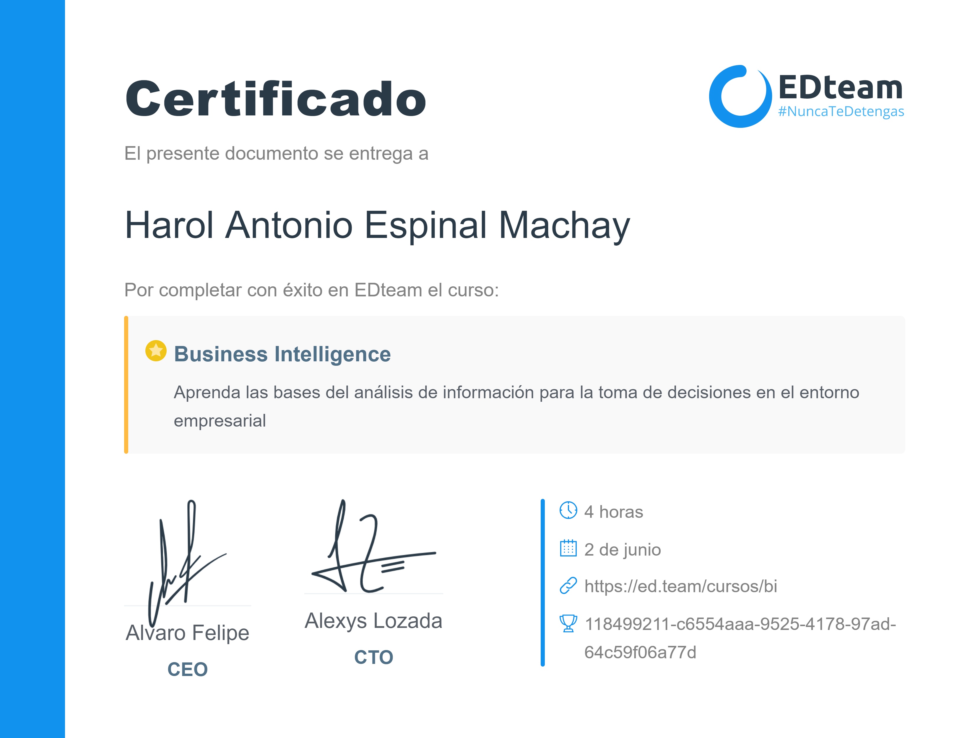 Certificado de Harol Antonio del curso Business Intelligence