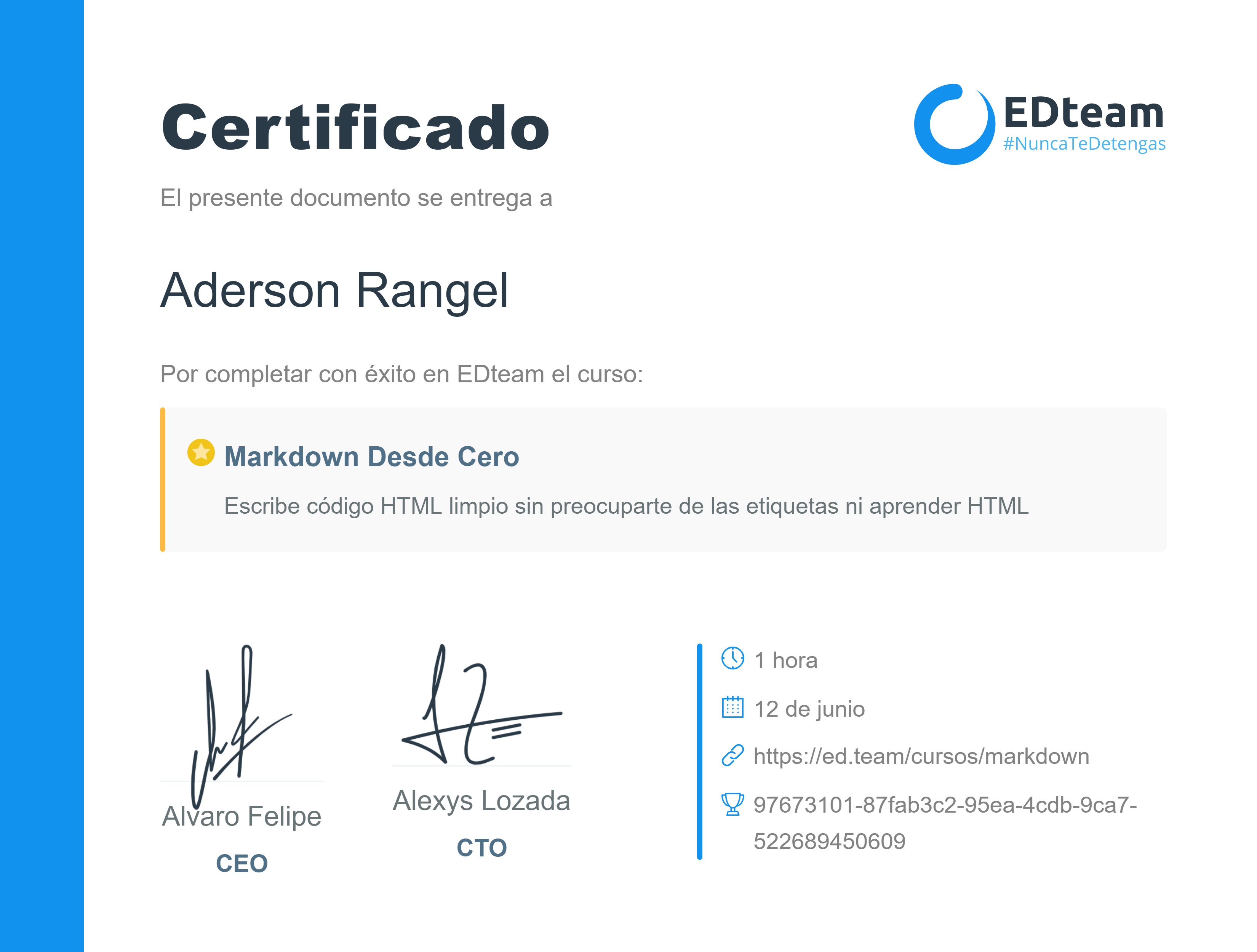 Certificado de Aderson Rangel del curso Markdown desde cero (Gratis)