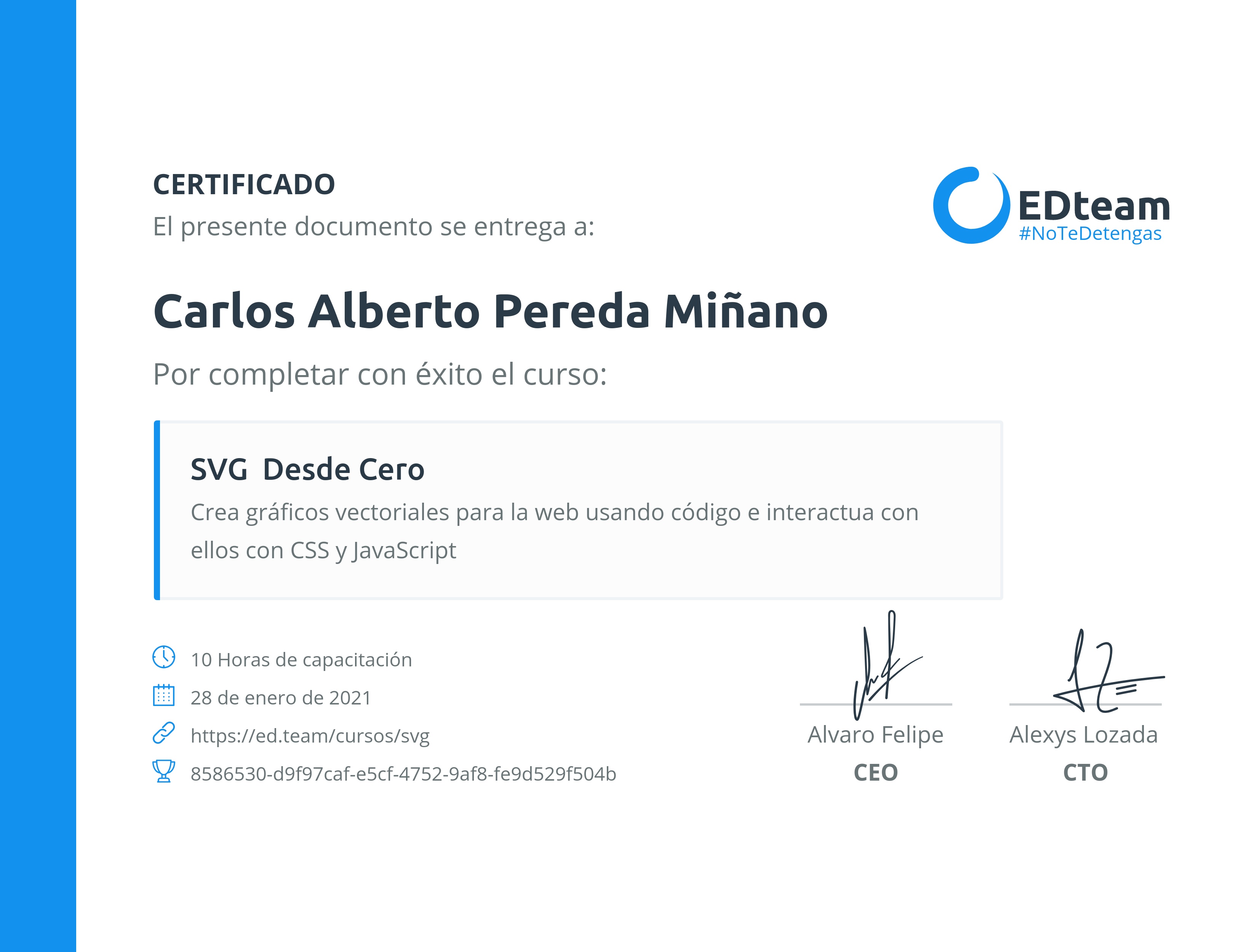 Certificado de Carlos Alberto Pereda Miñano del curso SVG desde cero