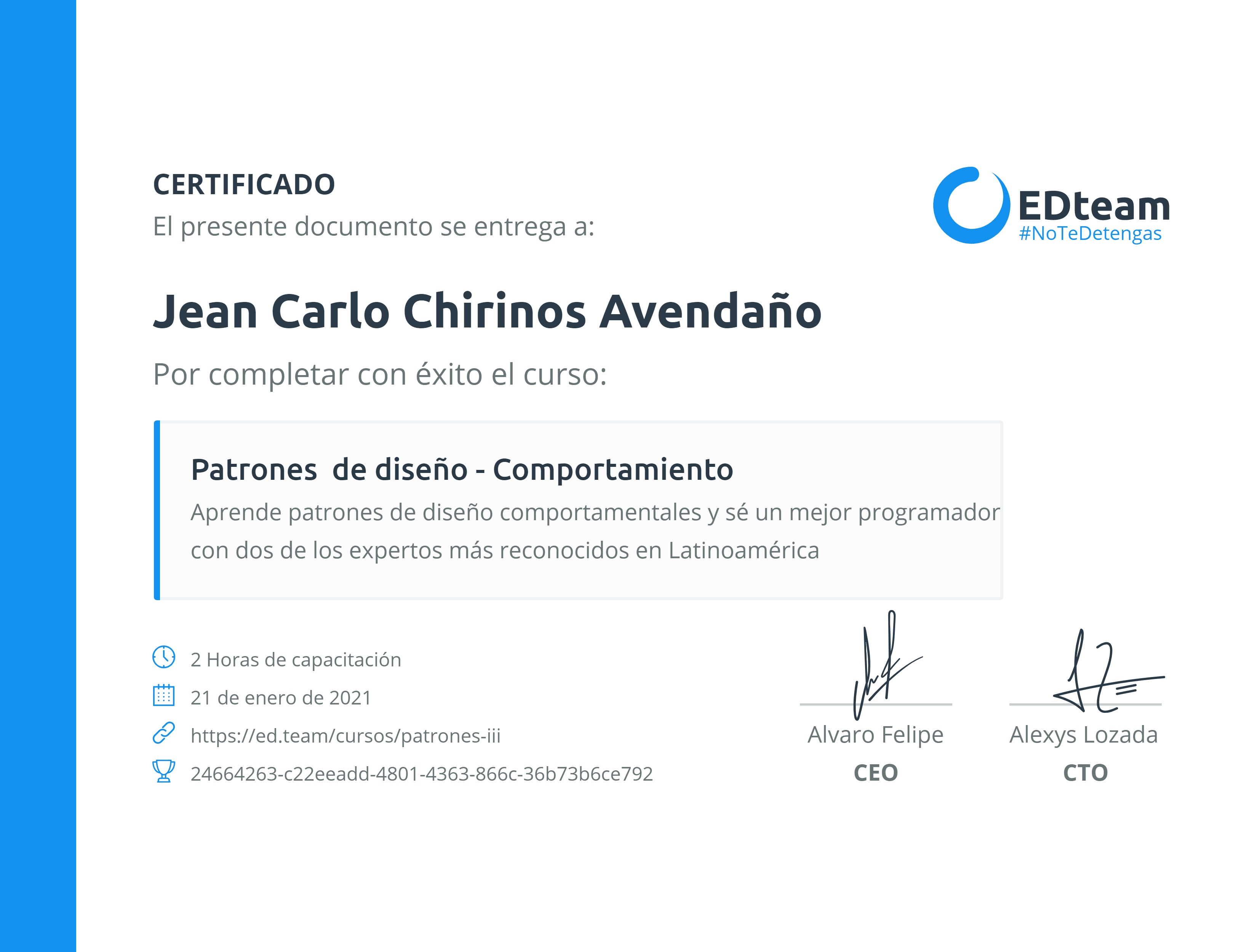 Certificado de Jean Chirinos del curso Patrones de diseño - Comportamiento