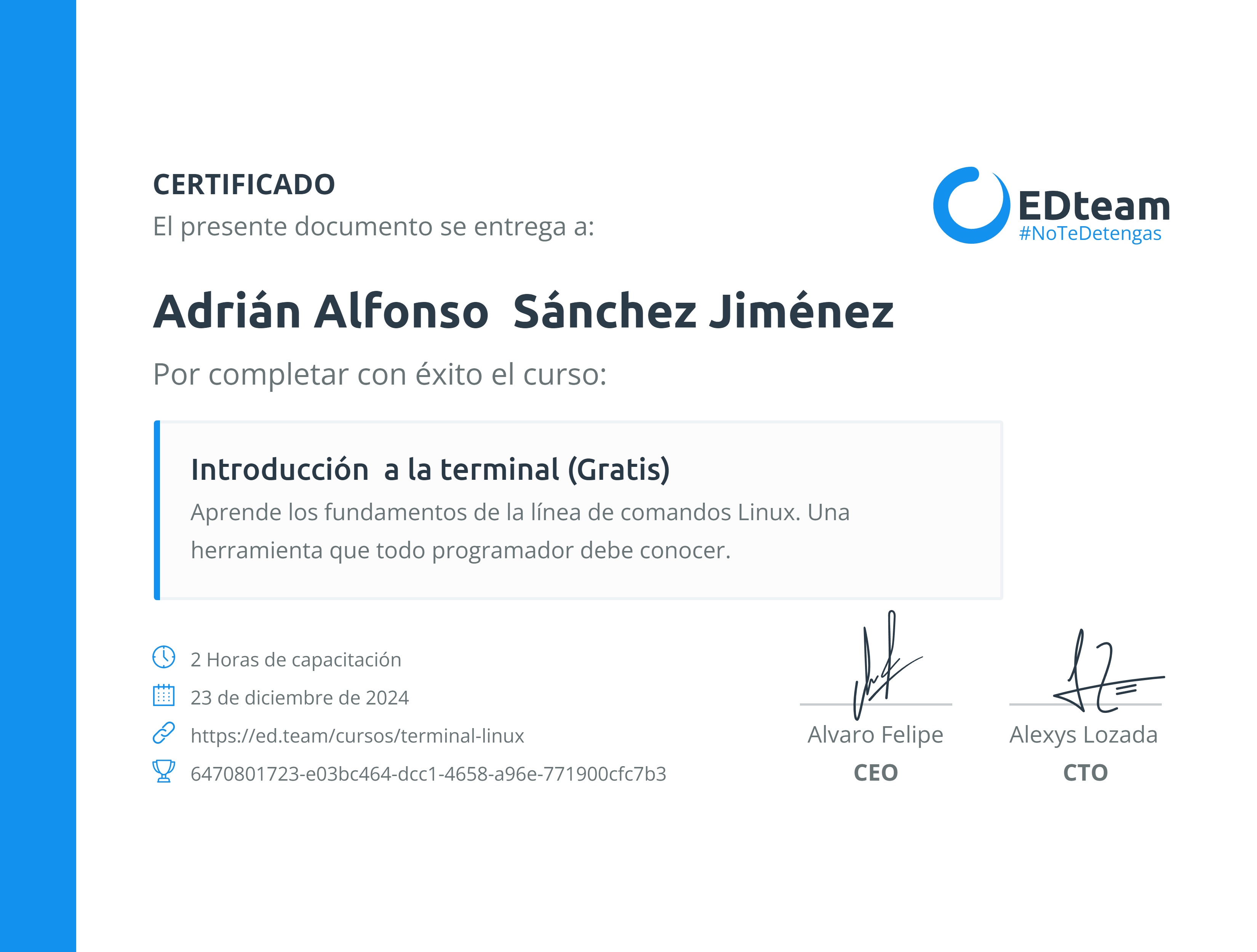 Certificado de Adrián Alfonso Sánchez Jiménez del curso Introducción a la terminal (Gratis)