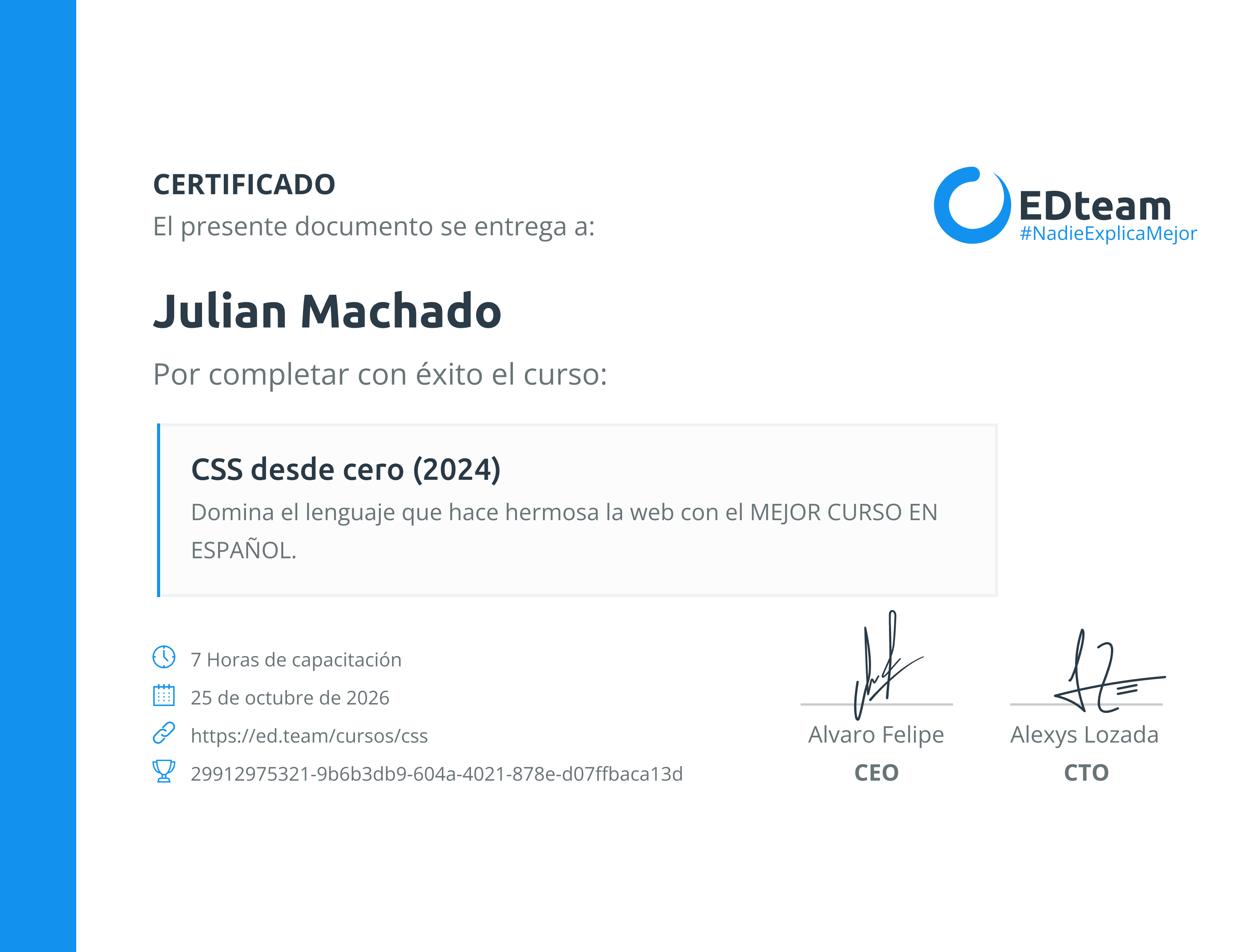 Certificado de Julian Machado del curso CSS desde cero (2024)