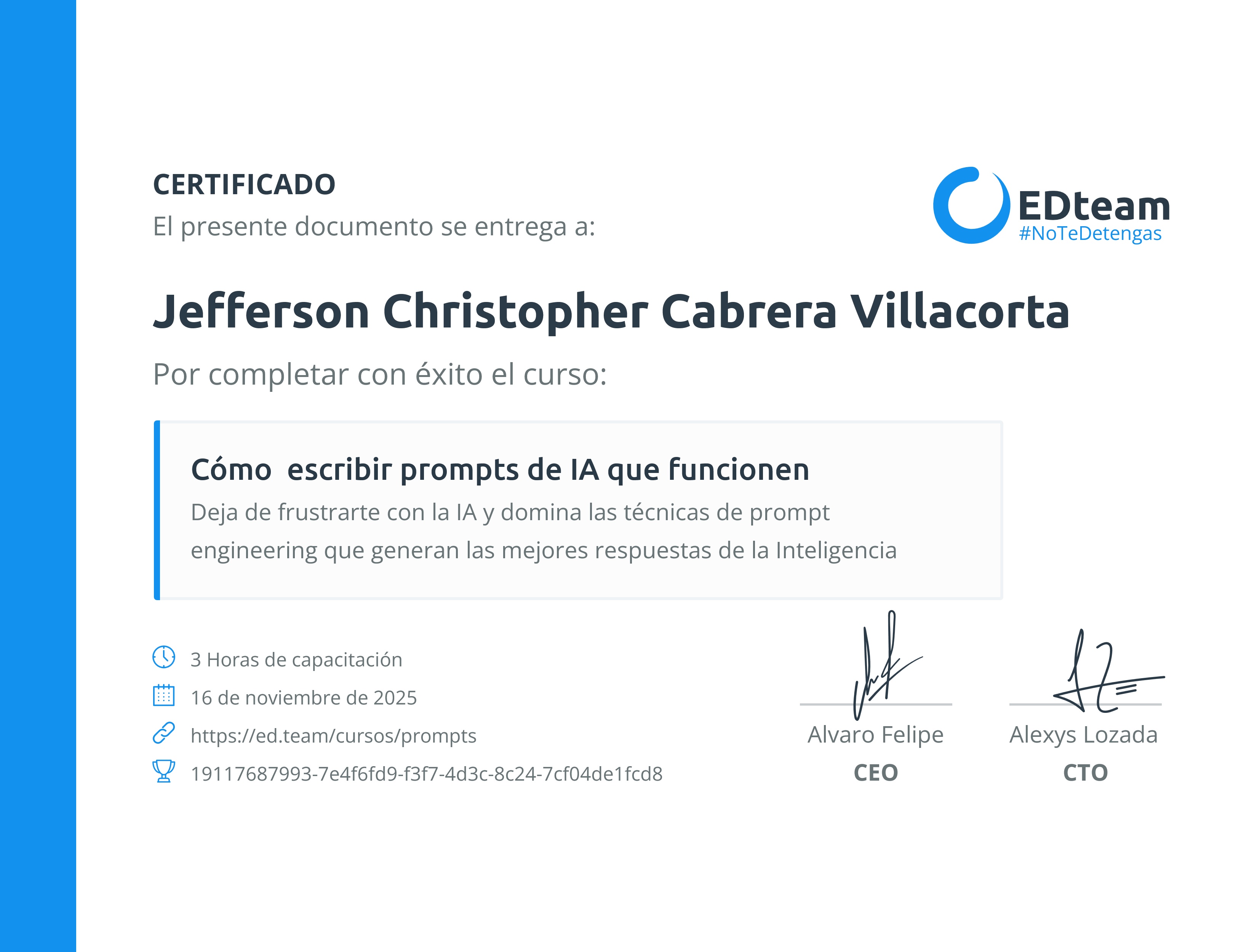 Certificado de Jefferson Christopher Cabrea Villacorta del curso Ingeniería de prompts para todos