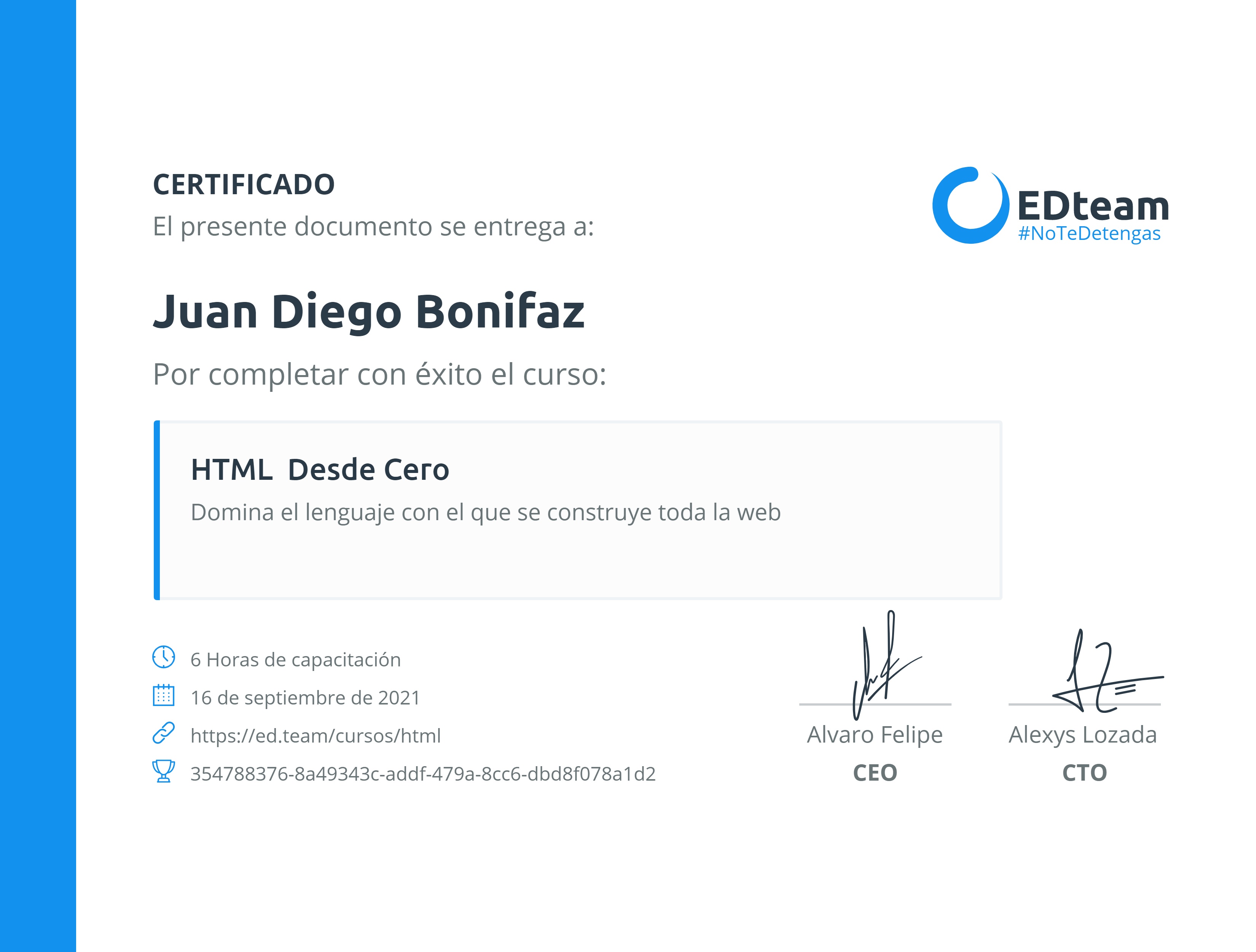 Certificado de Juan Diego Bonifaz del curso HTML desde cero