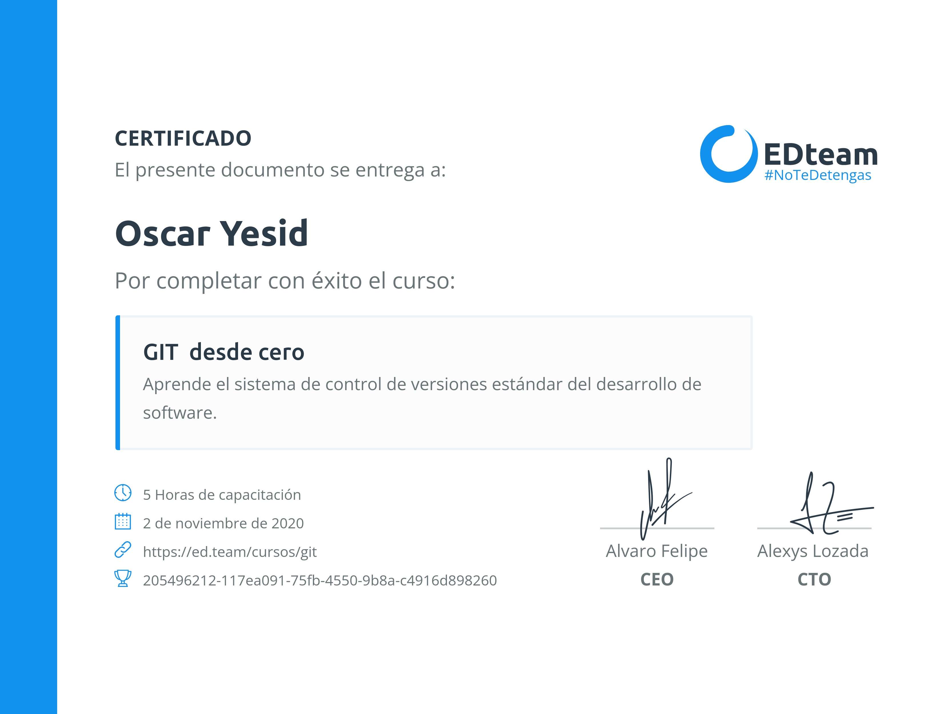 Certificado de Oscar Yesid del curso GIT desde cero