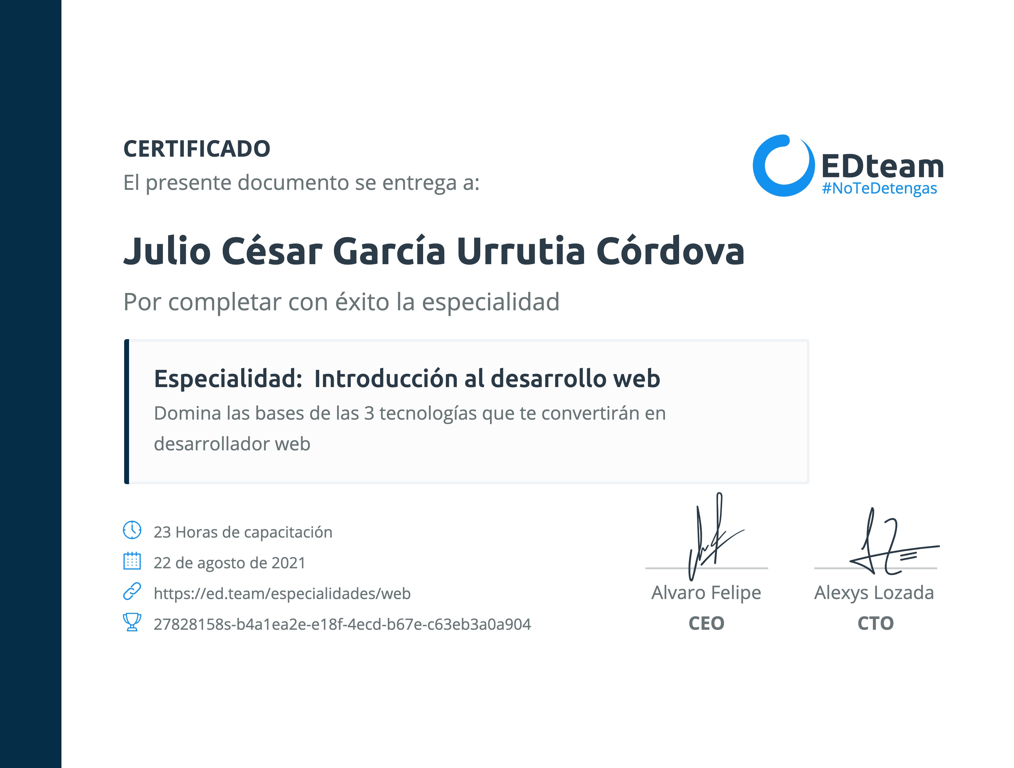 Certificado de Julio César García Urrutia Córdova de la ruta Desarrollo web para principiantes