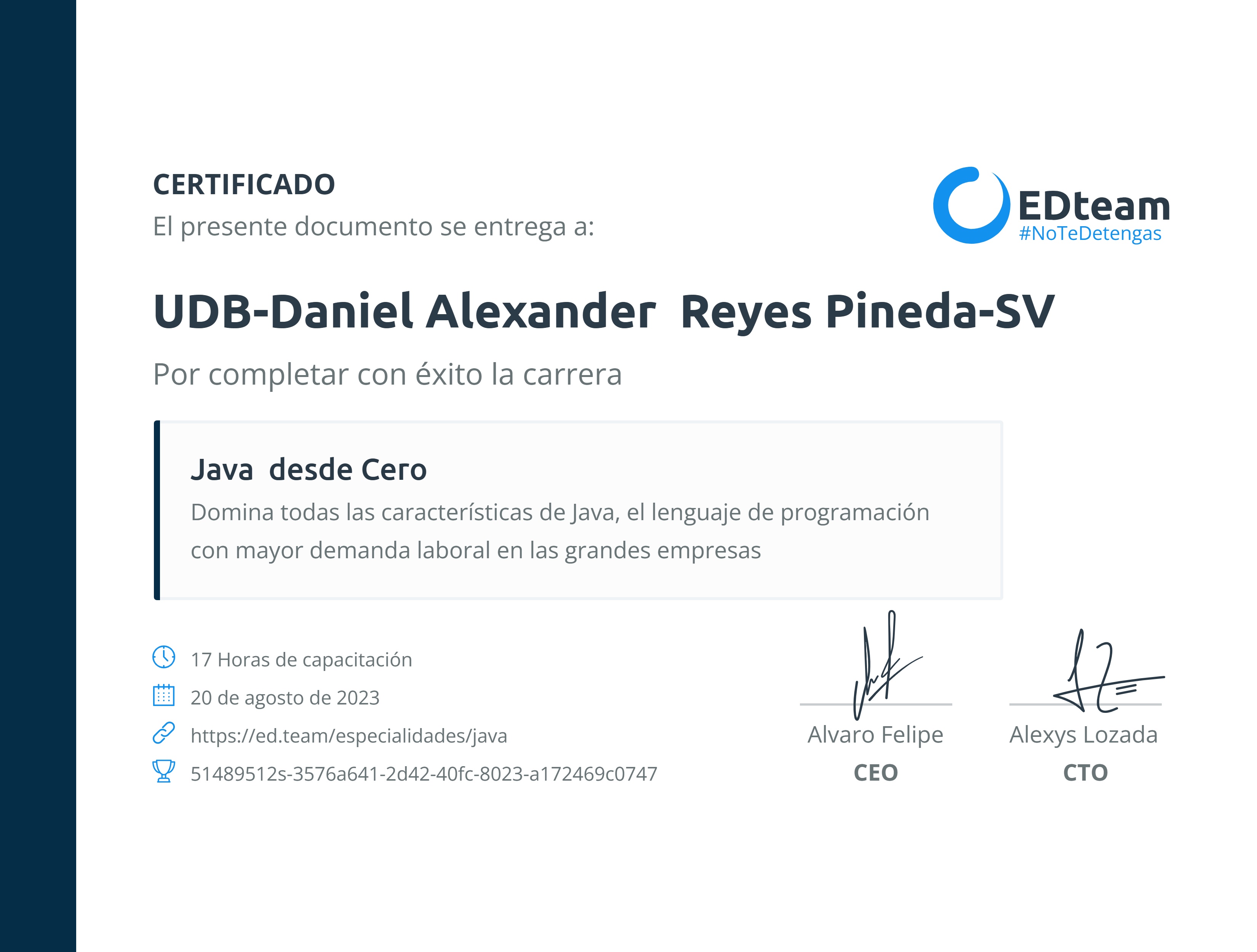 Certificado de UDB-Daniel Alexander Reyes Pineda-SV de la ruta Java desde Cero