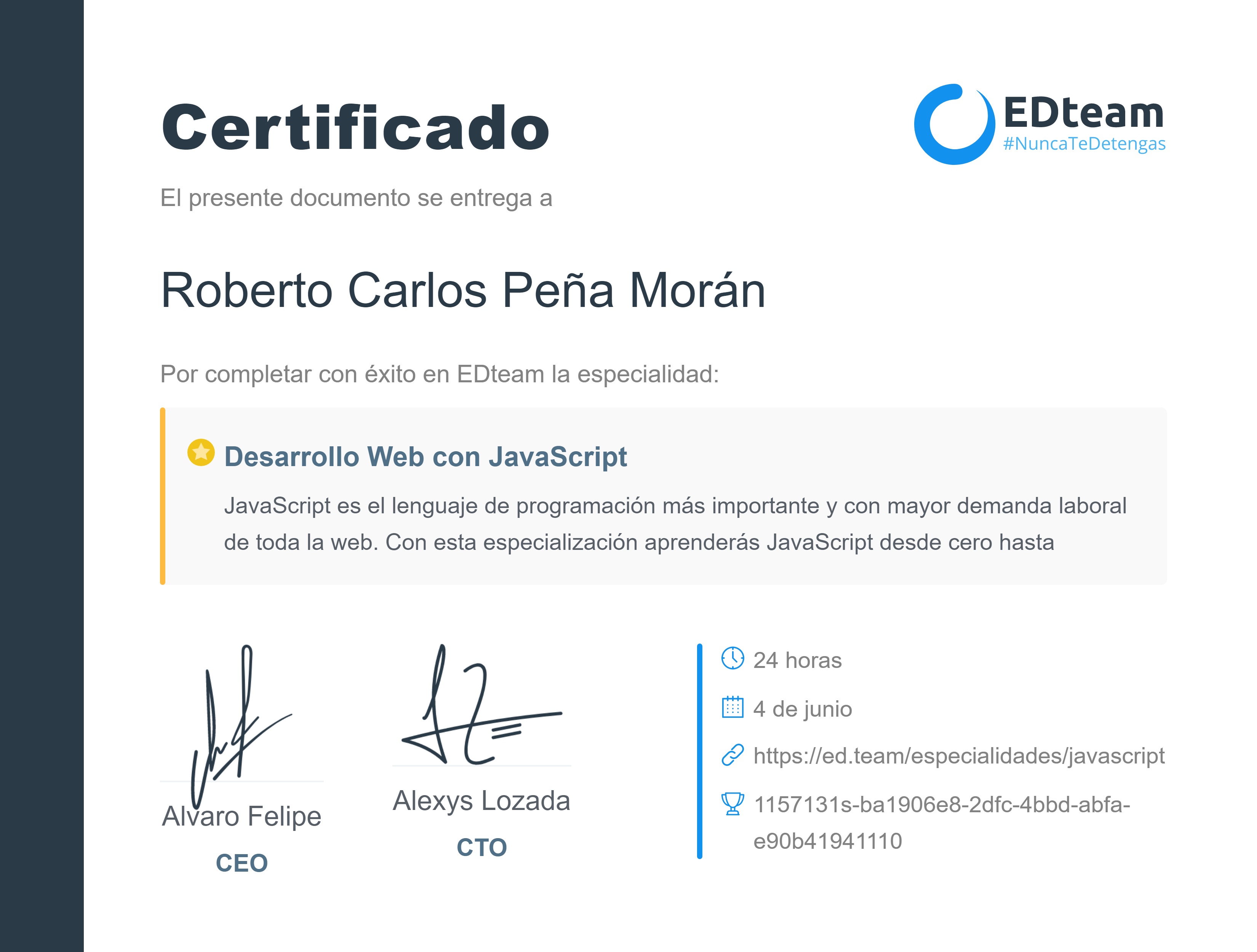 Certificado de Roberto Carlos Peña Morán de la ruta Desarrollo Web con JavaScript