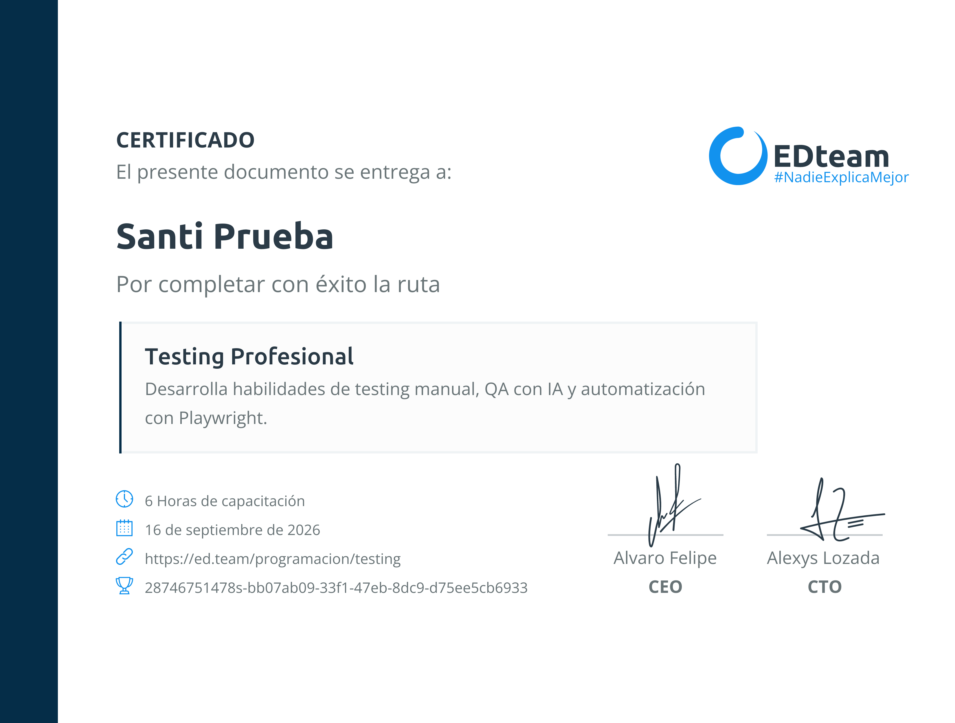Certificado de Santi Prueba de la ruta Testing Profesional
