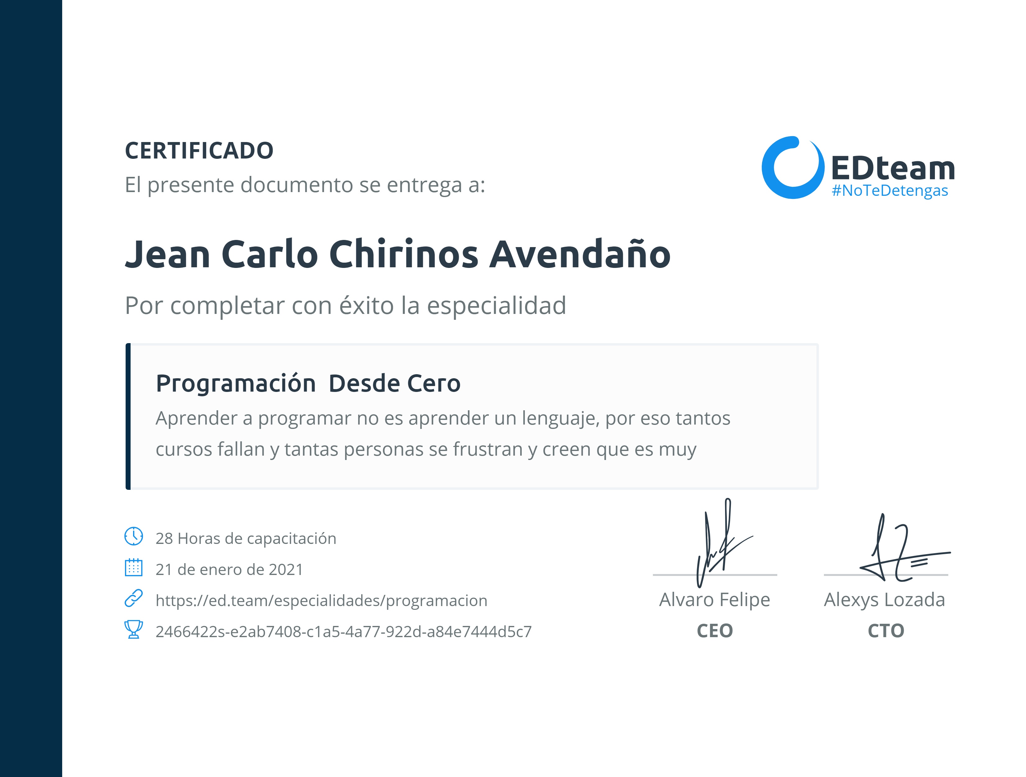 Certificado de Jean Chirinos de la ruta Programación desde cero