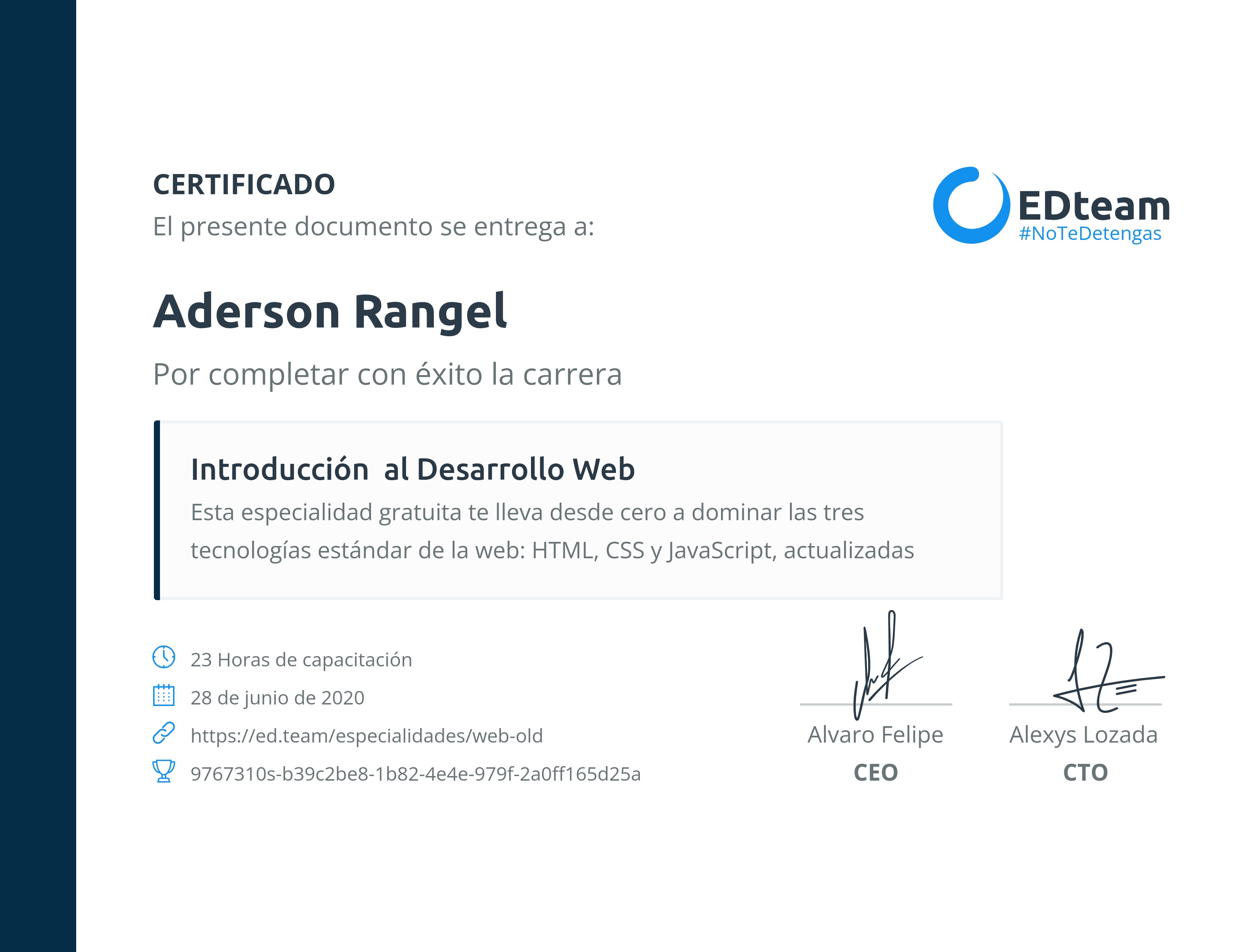 Certificado de Aderson Rangel de la ruta Introducción al Desarrollo Web