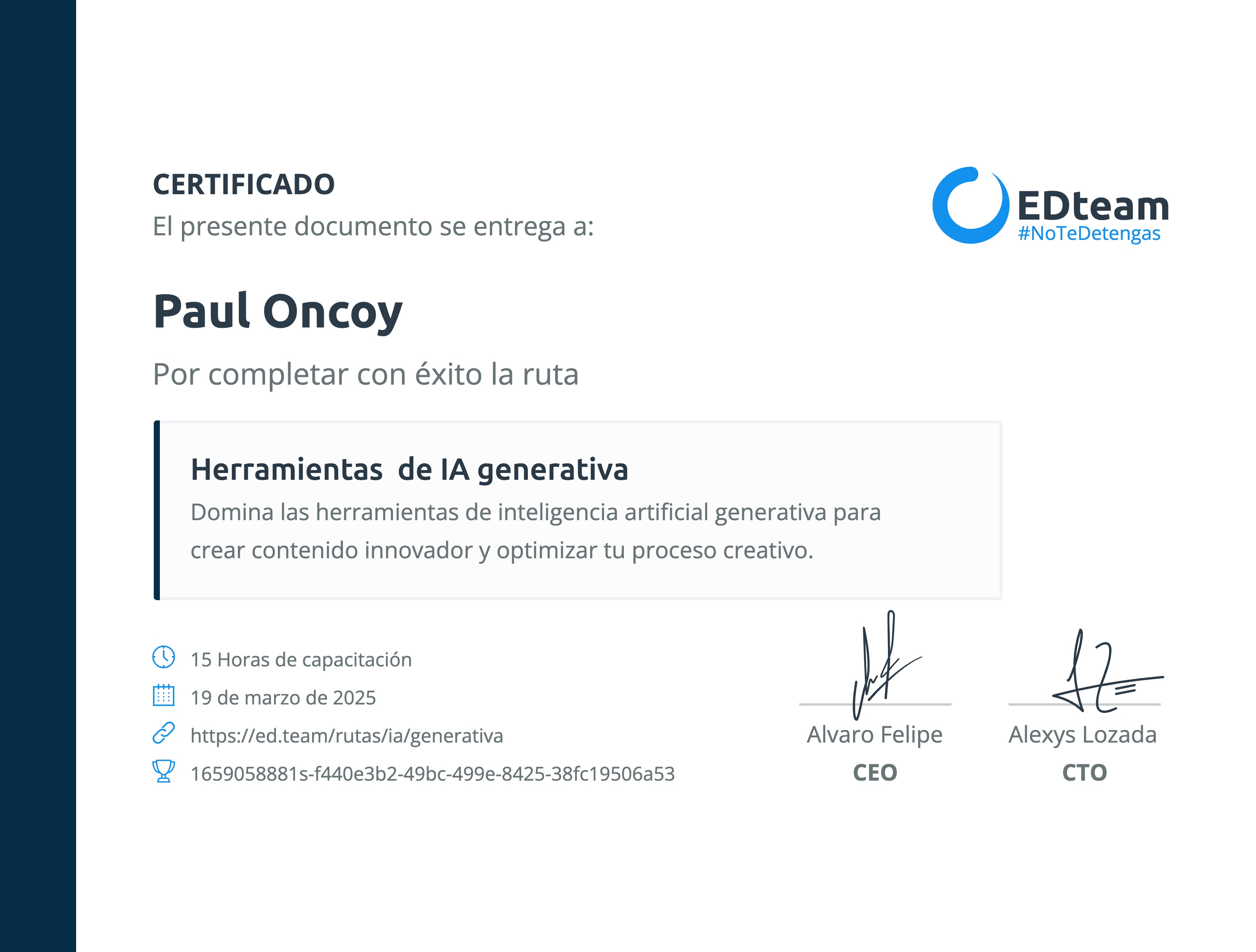 Certificado de Paul Oncoy de la ruta Herramientas de IA generativa