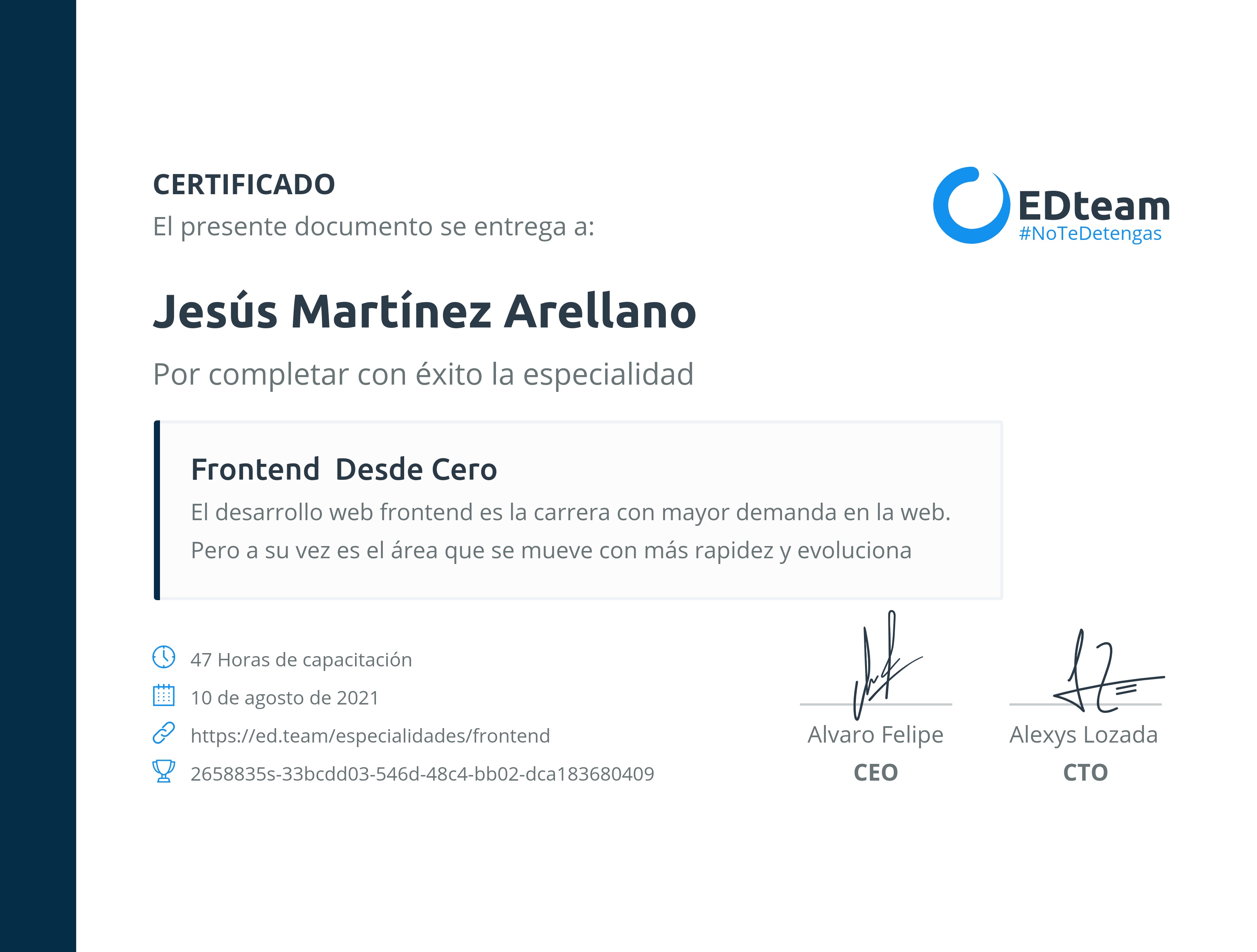 Certificado de Jesús Martínez Arellano de la ruta Frontend desde cero