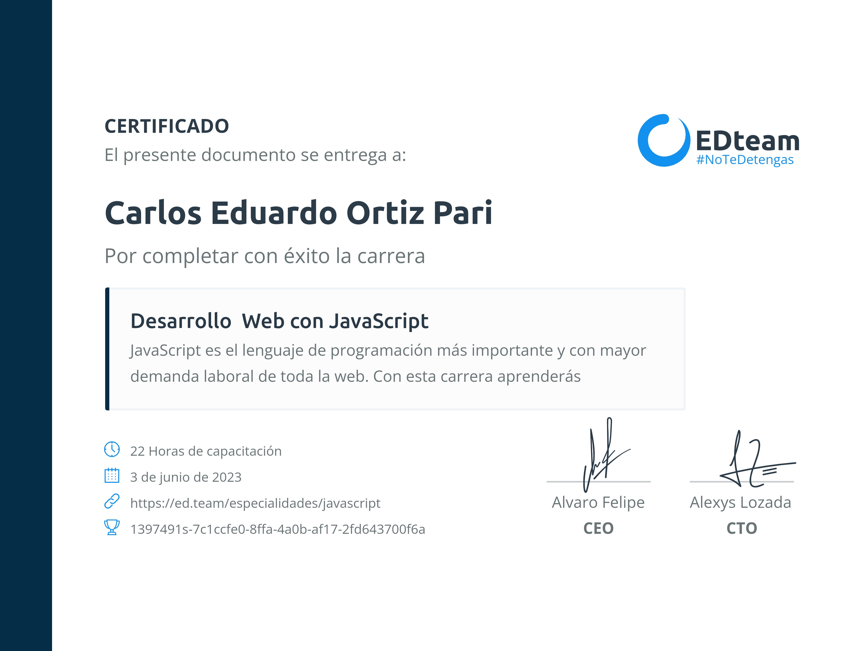 Certificado de Carlos Eduardo Ortiz Pari de la ruta Desarrollo Web con JavaScript