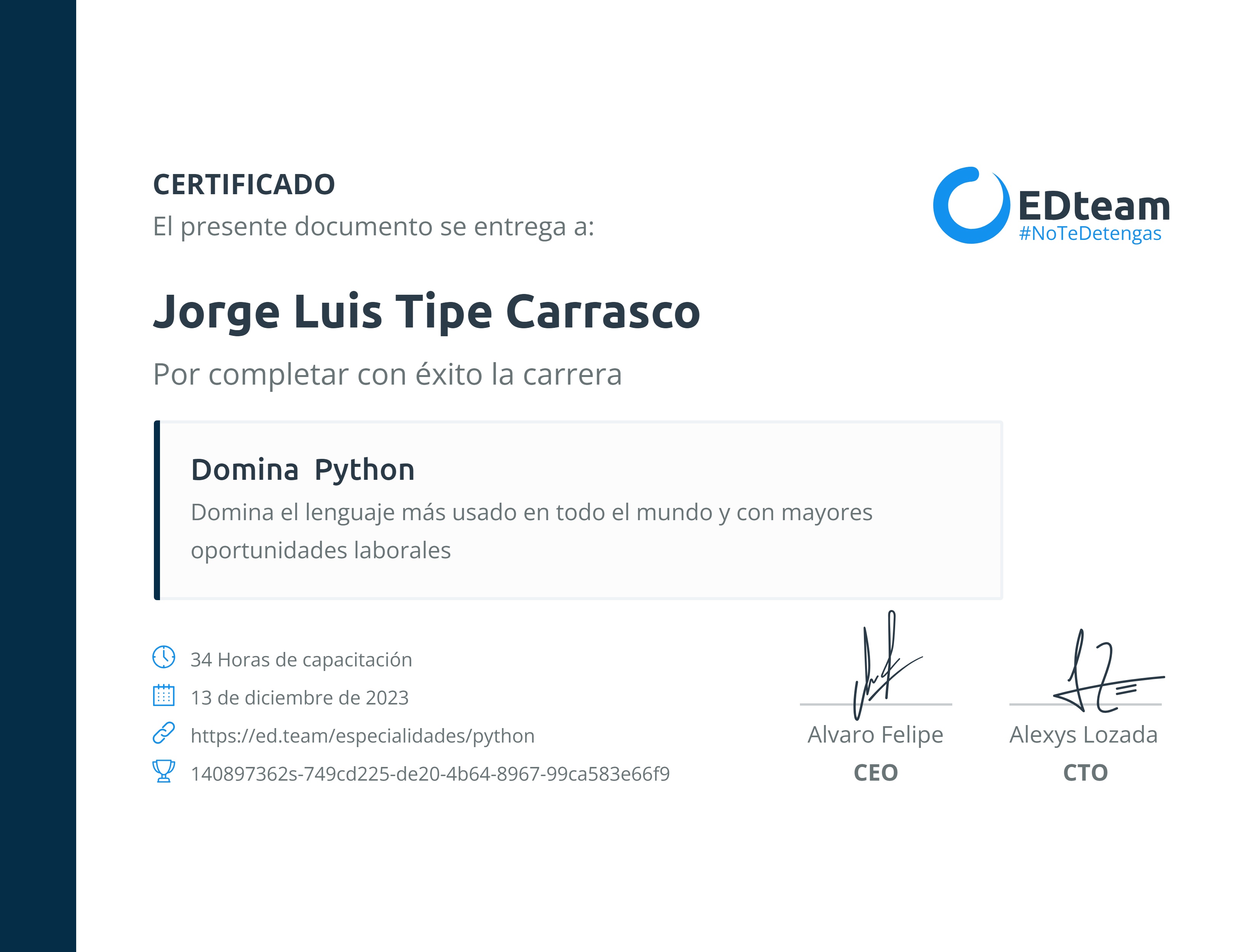 Certificado de Jorge Luis Tipe Carrasco de la ruta Domina Python