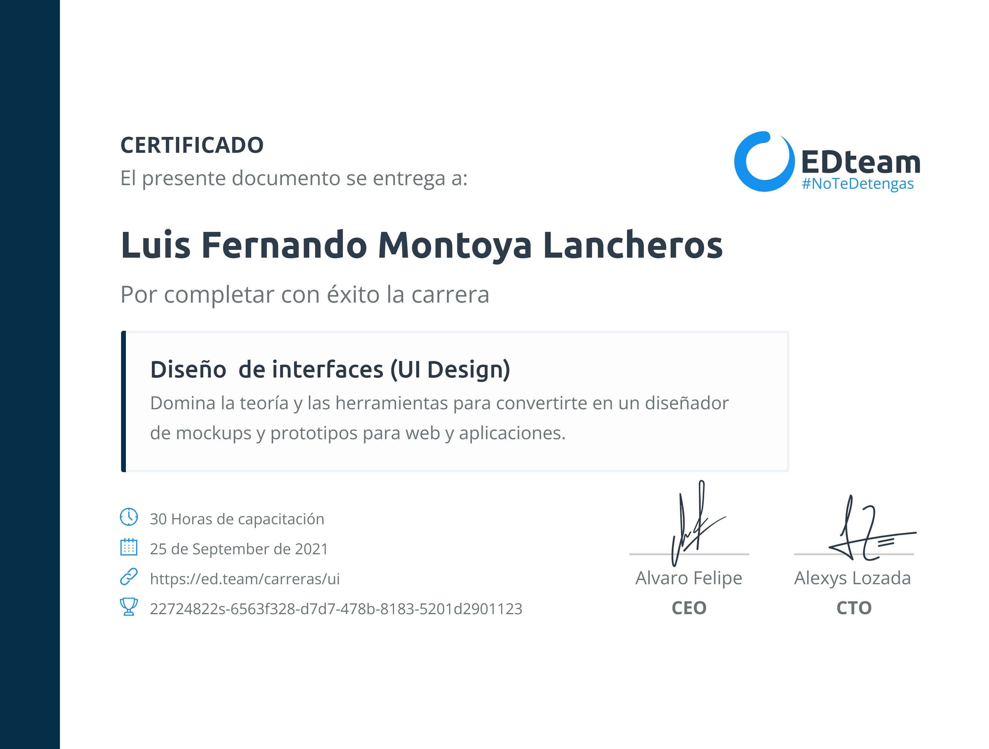 Certificado de Luis Fernando Montoya Lancheros de la ruta Diseño de interfaces (UI Design)