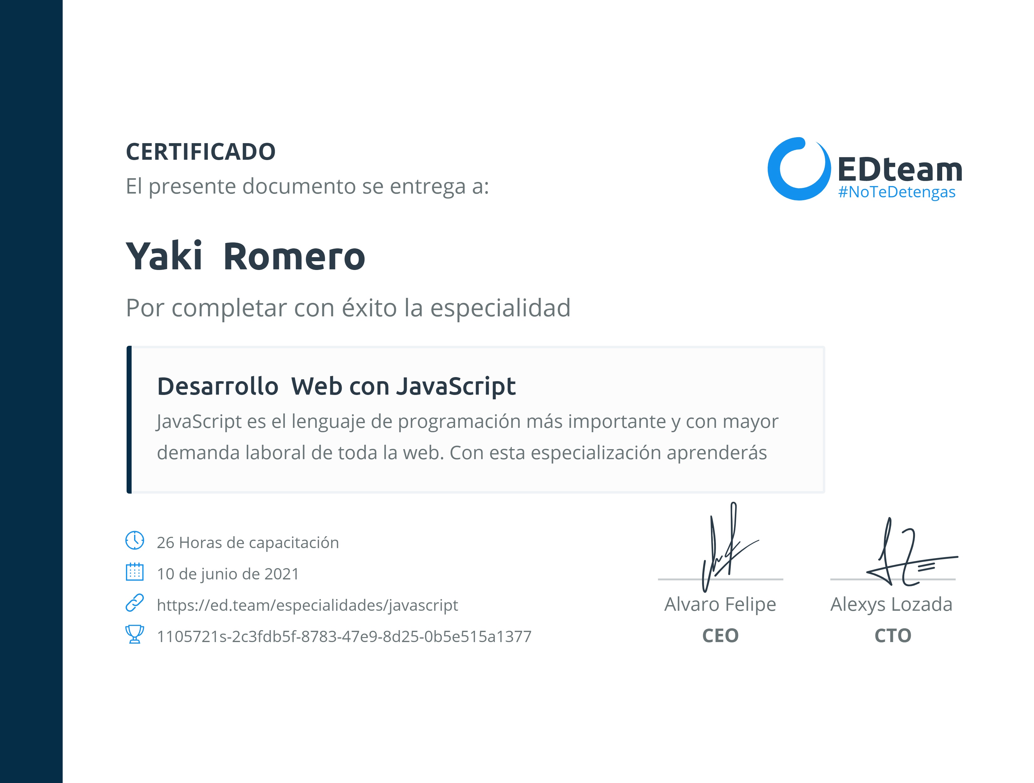 Certificado de Yaki Romero de la ruta Desarrollo Web con JavaScript