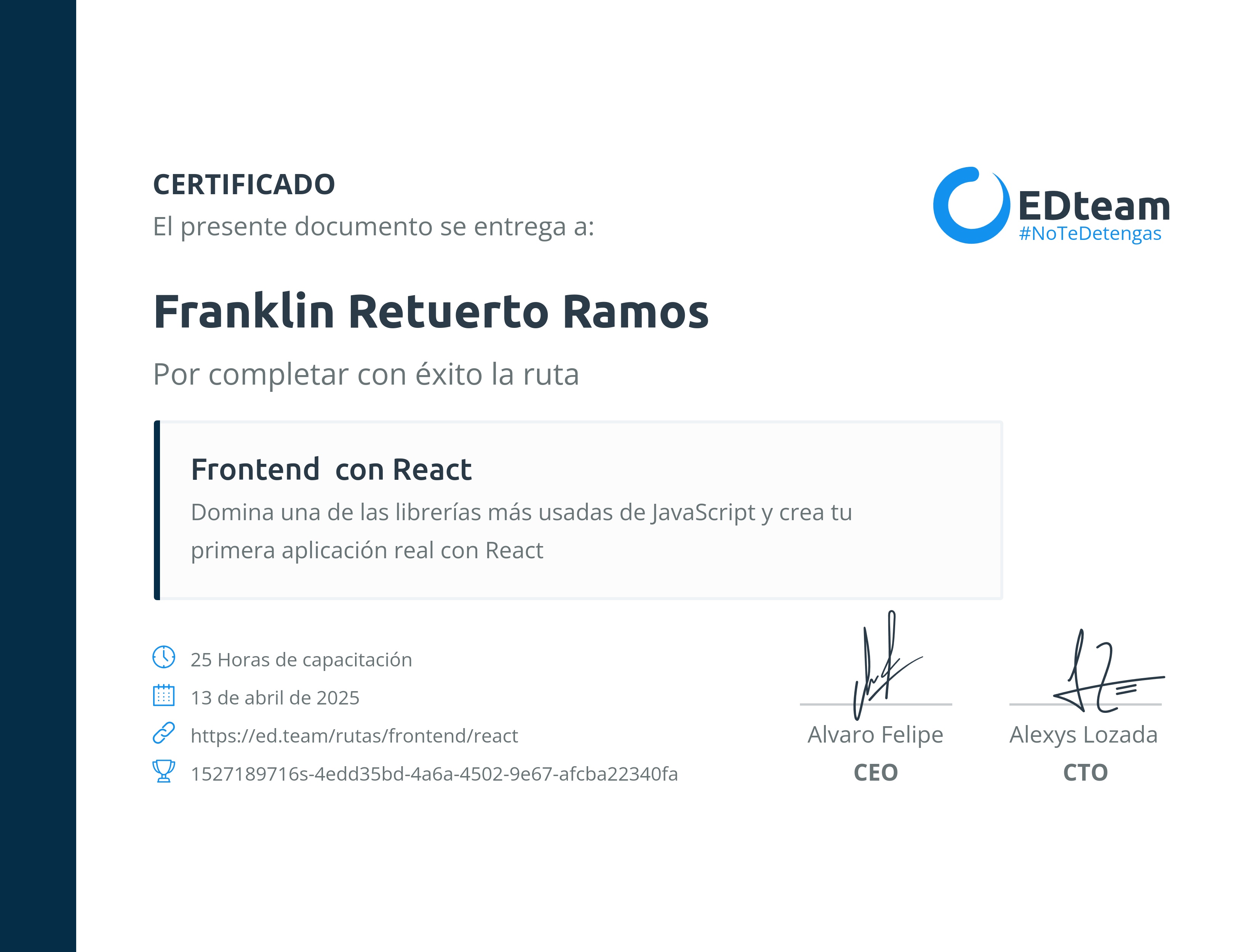 Certificado de Franklin Retuerto Ramos de la ruta Frontend con React