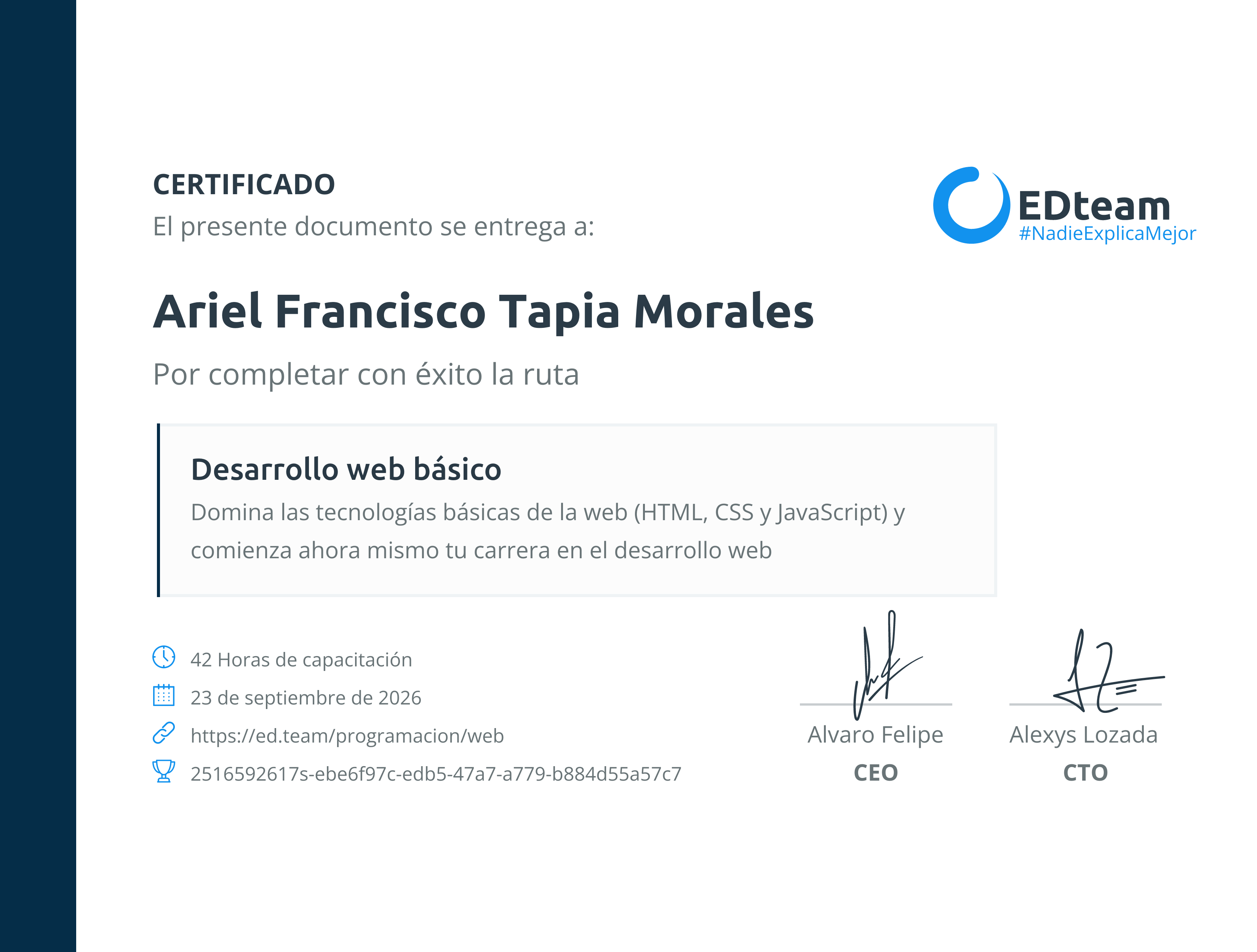 Certificado de Ariel Francisco Tapia Morales de la ruta Desarrollo web básico