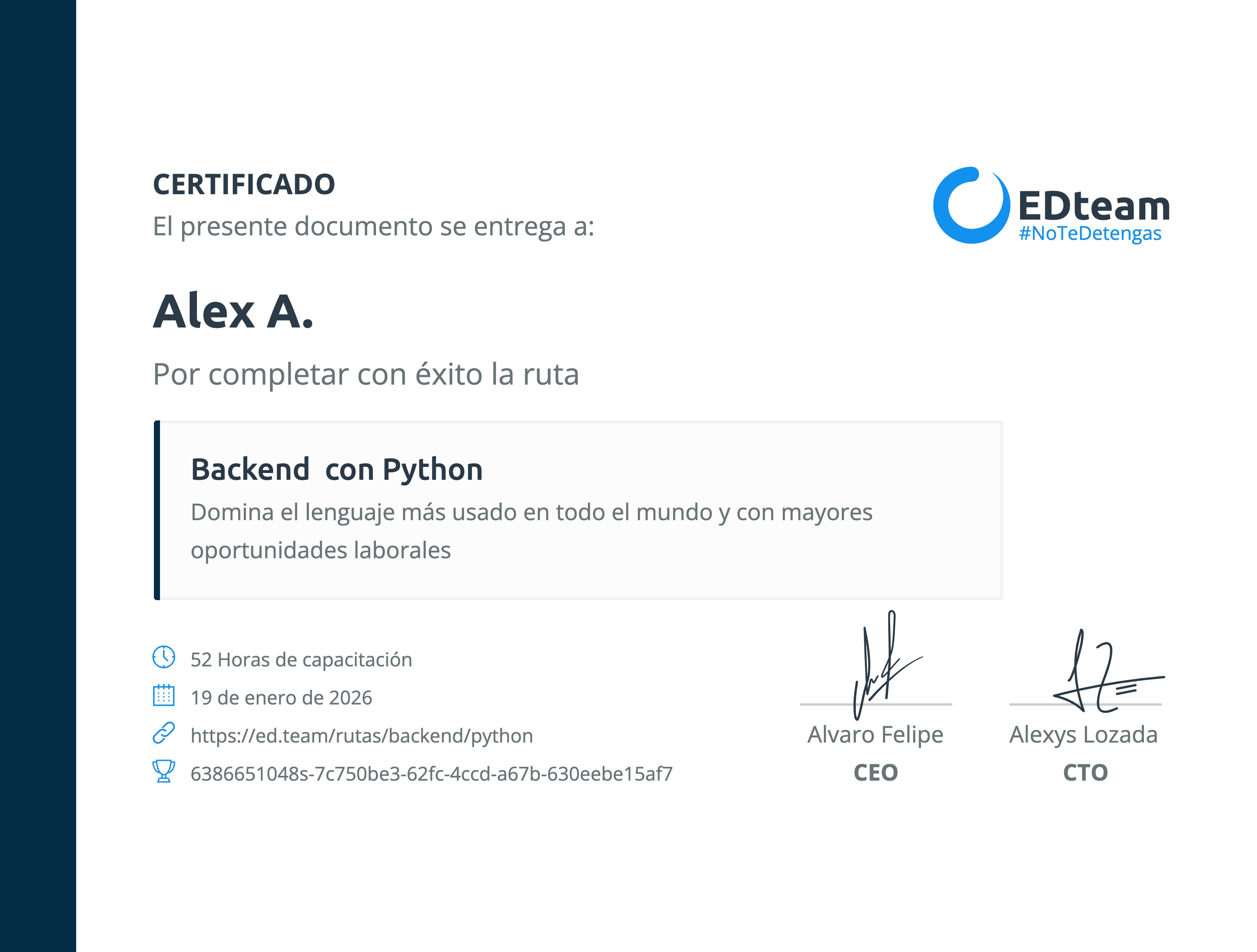 Certificado de Alex A. de la ruta Backend con Python