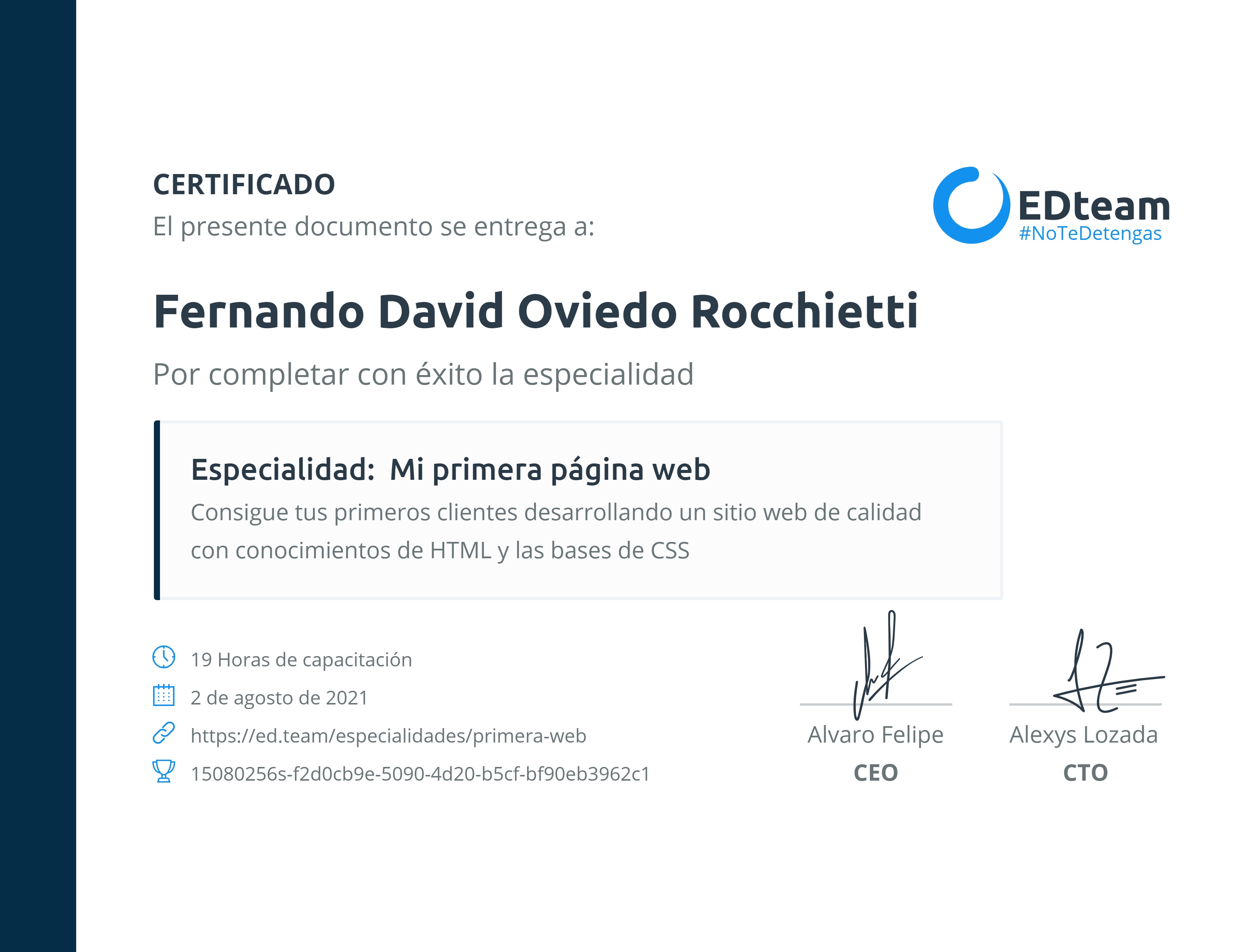 Certificado de Fernando David Oviedo Rocchietti de la ruta Mi primera página web