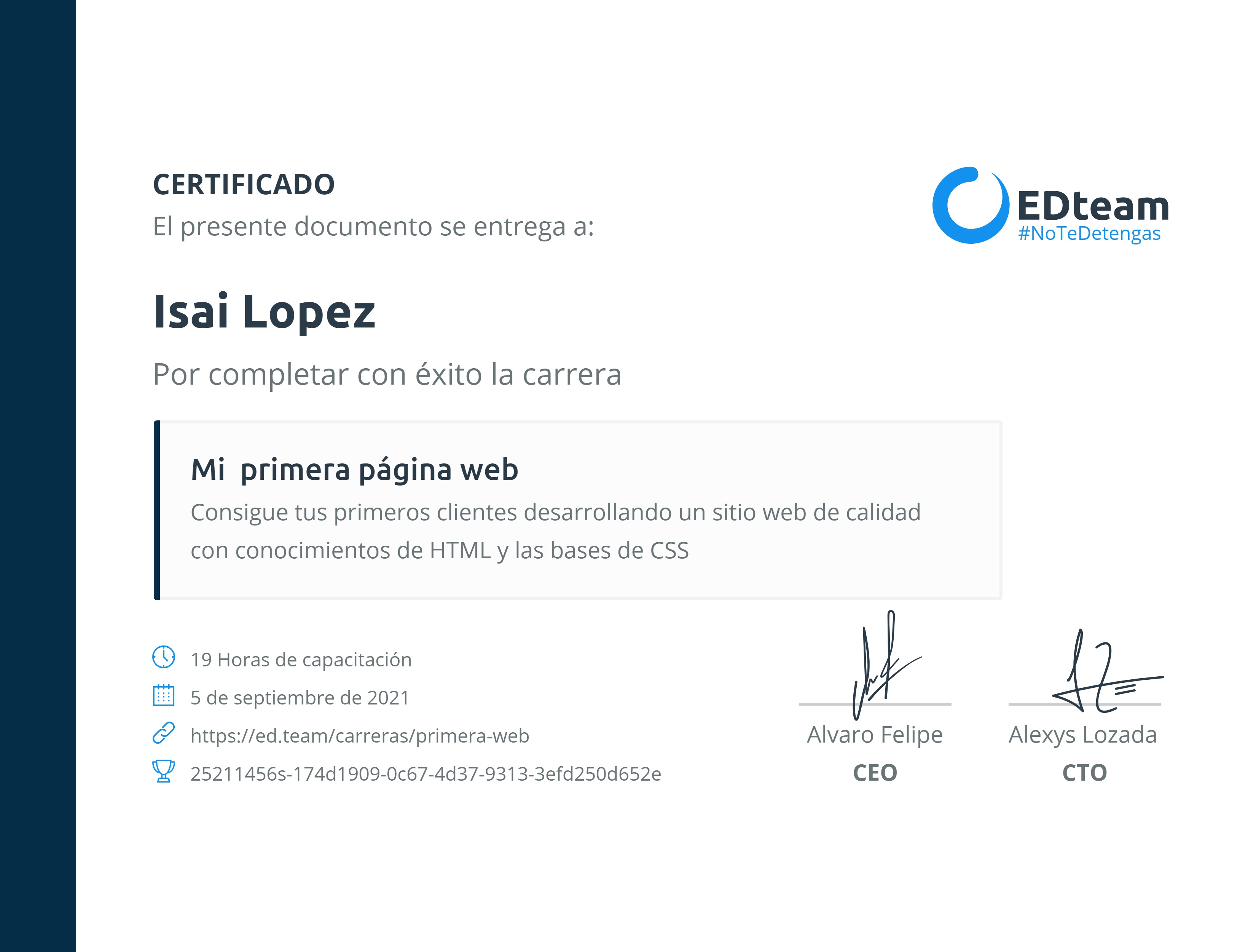 Certificado de Isai Lopez de la ruta Mi primera página web